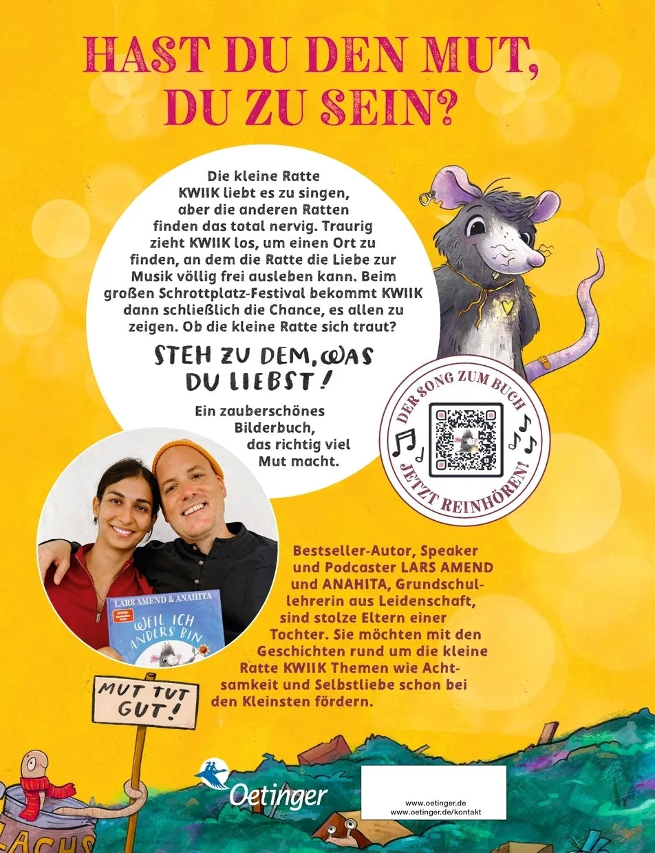 Buchrückseite von 'Die kleine Ratte Kwiik macht stark. Weil ich mutig bin' mit Klappentext - Gebundene Ausgabe