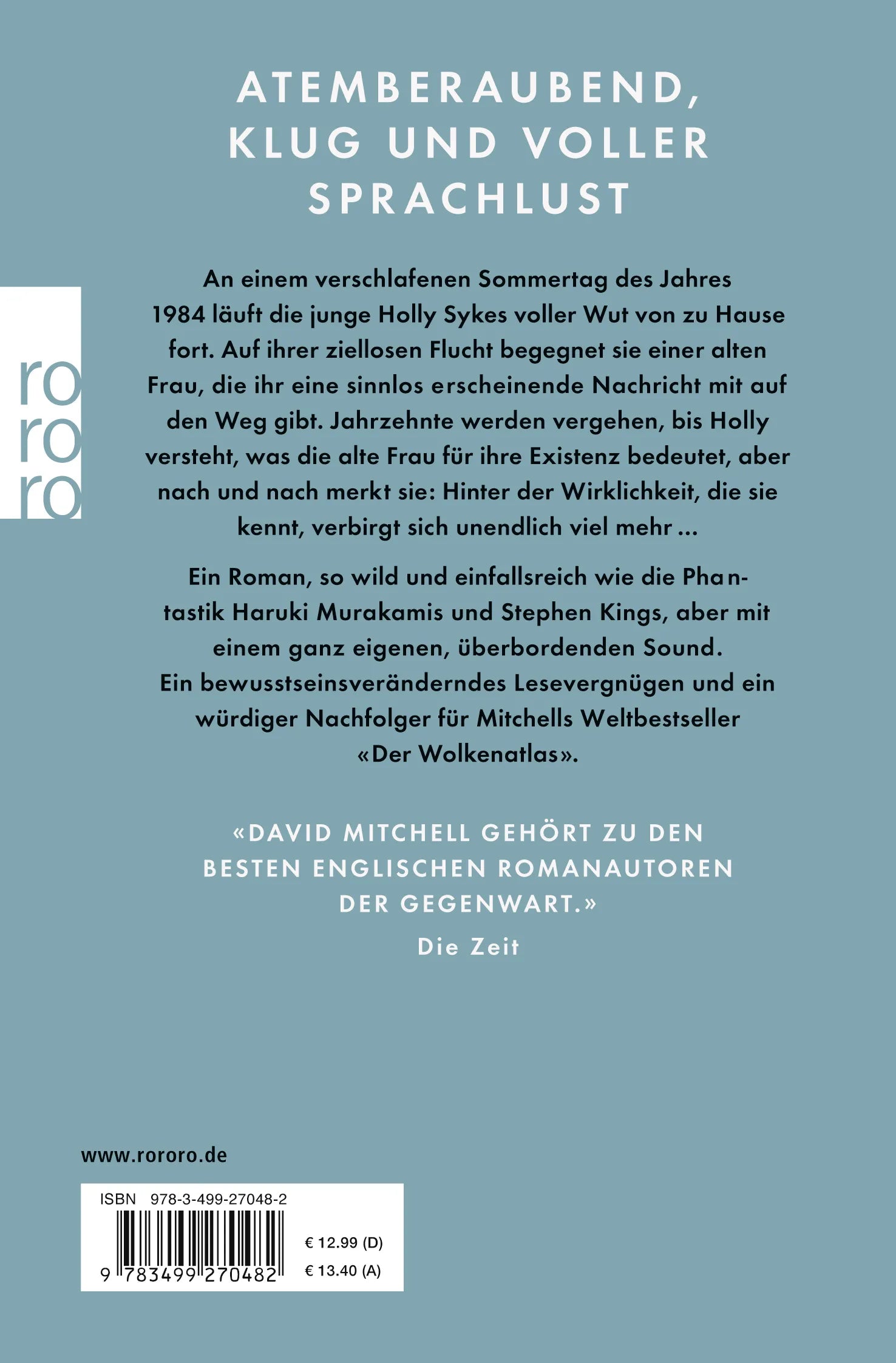 Buchrückseite von 'Die Knochenuhren' mit Klappentext - Taschenbuch