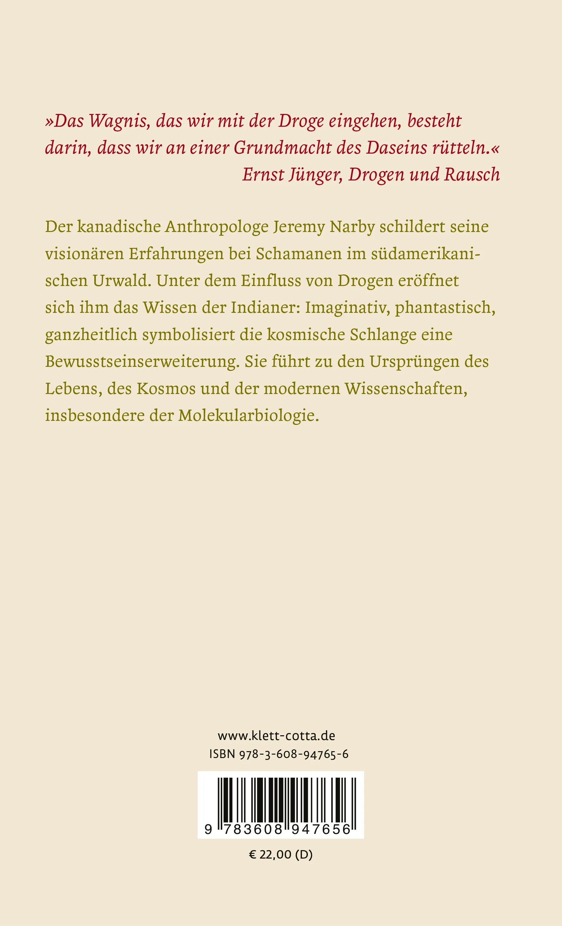 Buchrückseite von 'Die kosmische Schlange' mit Klappentext - Paperback