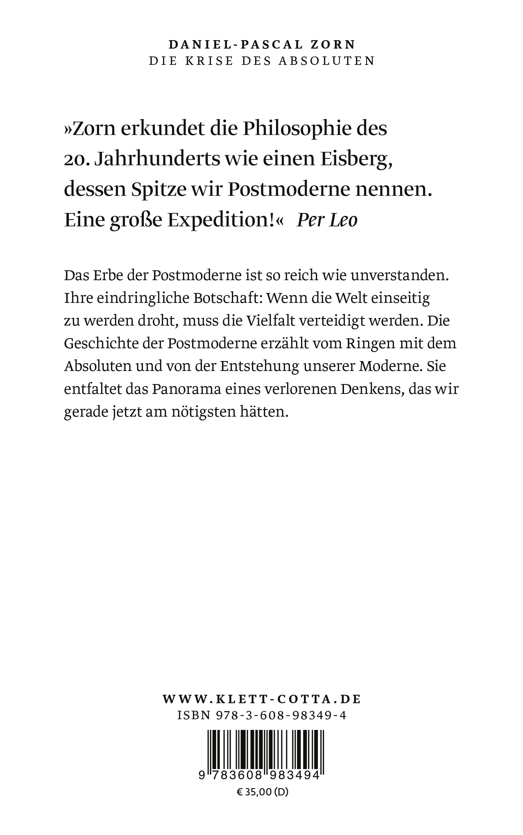 Buchrückseite von 'Die Krise des Absoluten' mit Klappentext - Gebundene Ausgabe