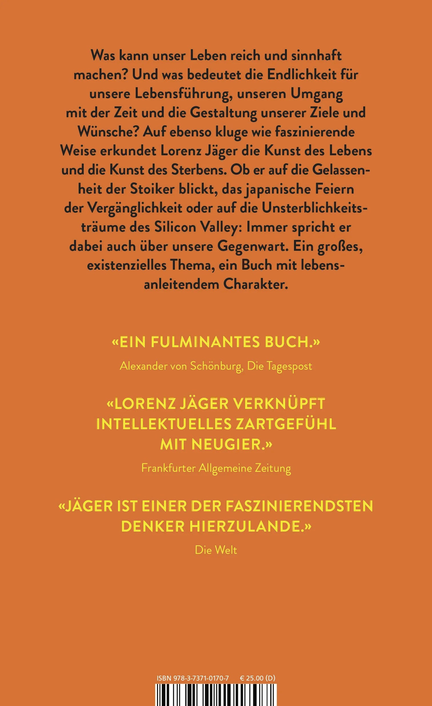 Buchrückseite von 'Die Kunst des Lebens, die Kunst des Sterbens' mit Klappentext - Gebundene Ausgabe