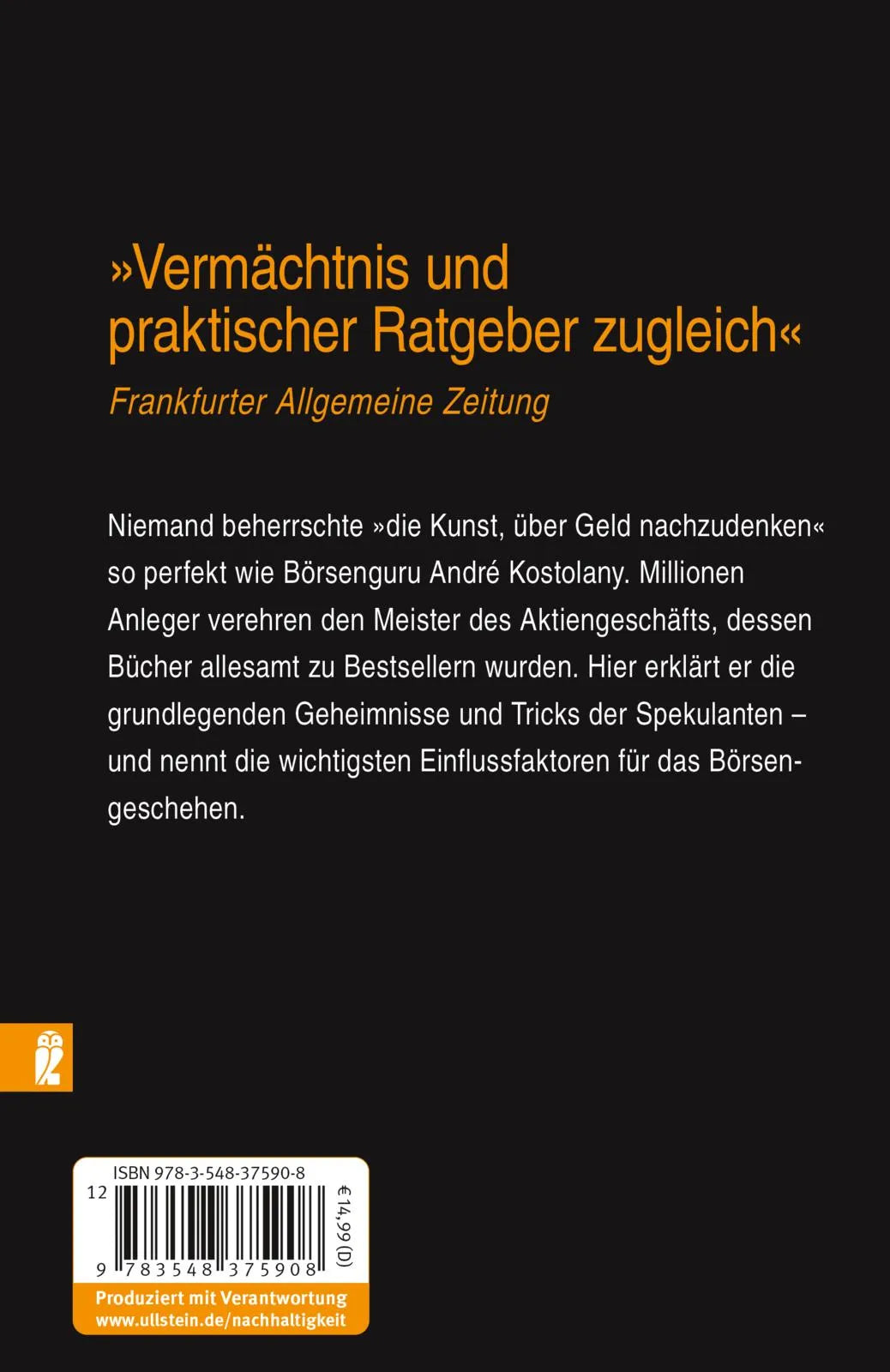 Buchrückseite von 'Die Kunst, über Geld nachzudenken' mit Klappentext - Taschenbuch