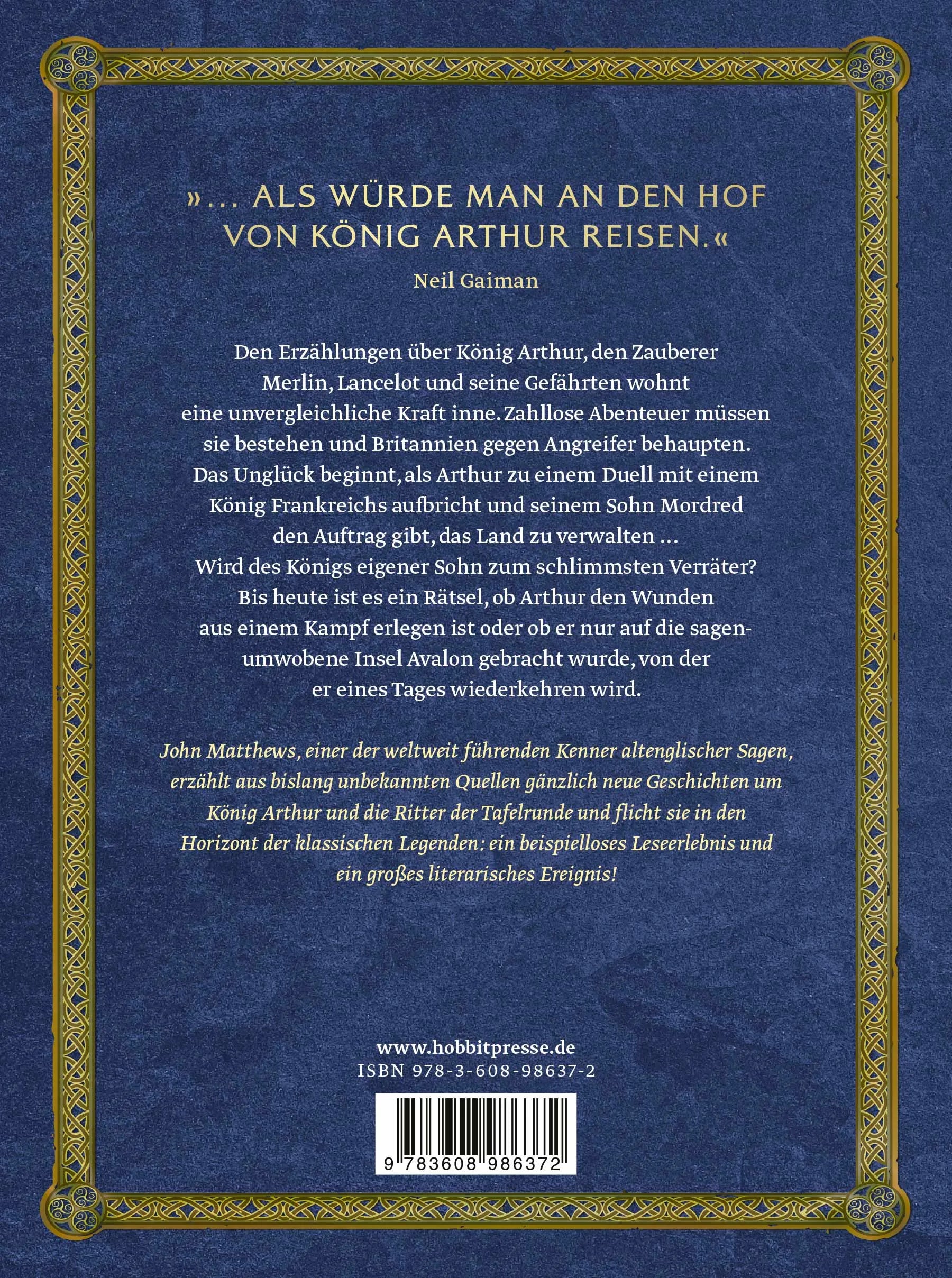 Buchrückseite von 'Die Legende von König Arthur und den Rittern der Tafelrunde' mit Klappentext - Gebundene Ausgabe