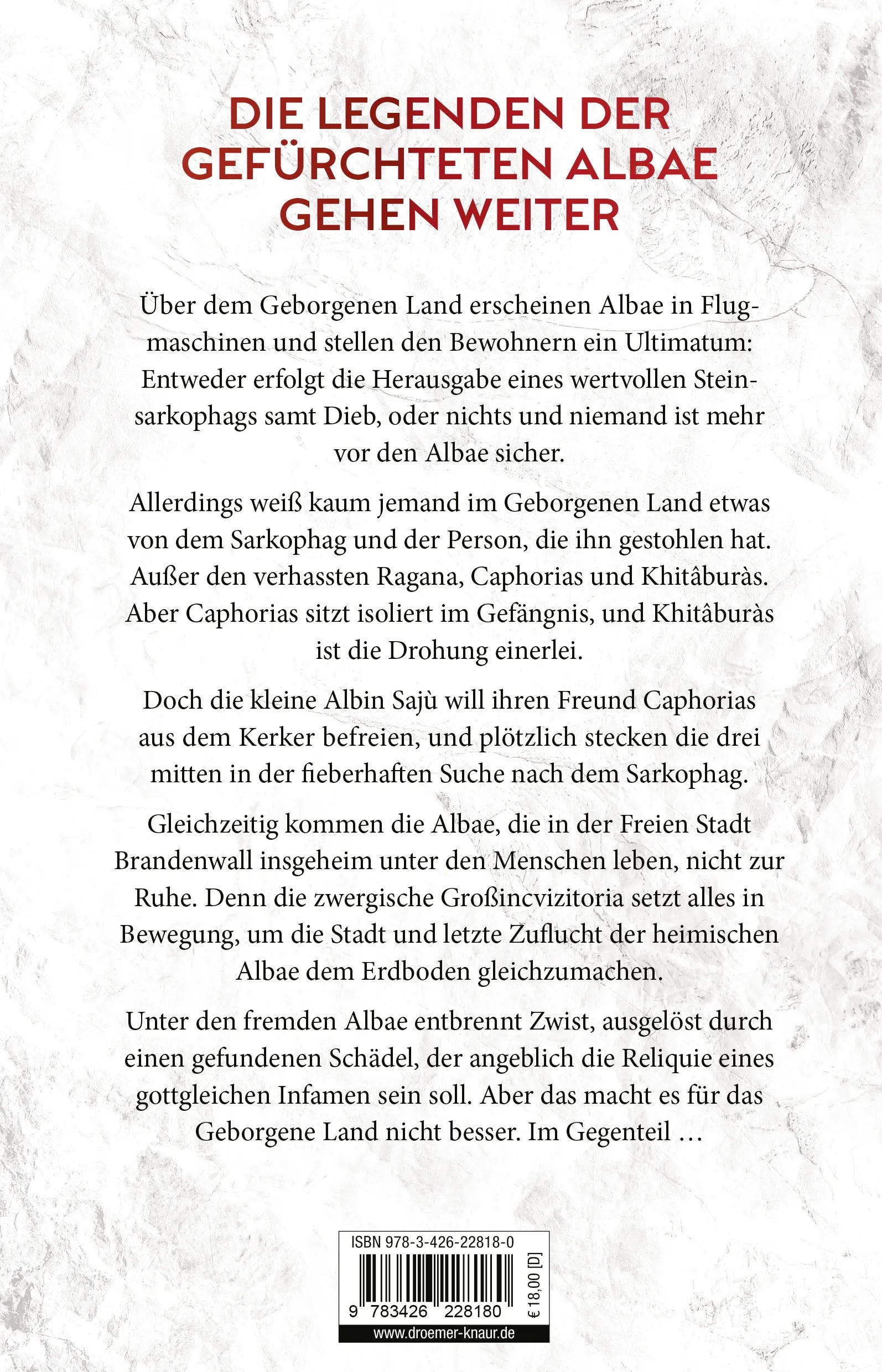 Buchrückseite von 'Die Legenden der Albae - Blutrote Himmel' mit Klappentext - Paperback