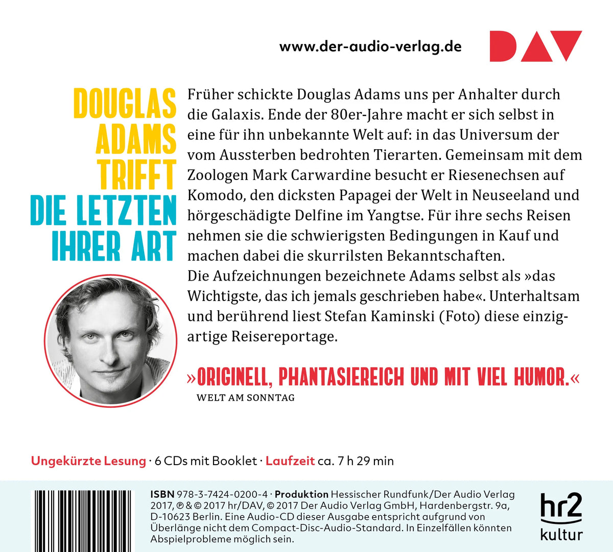 Buchrückseite von 'Die Letzten ihrer Art. Eine Reise zu den aussterbenden Tieren unserer Erde' mit Klappentext - Hörbuch (CD)