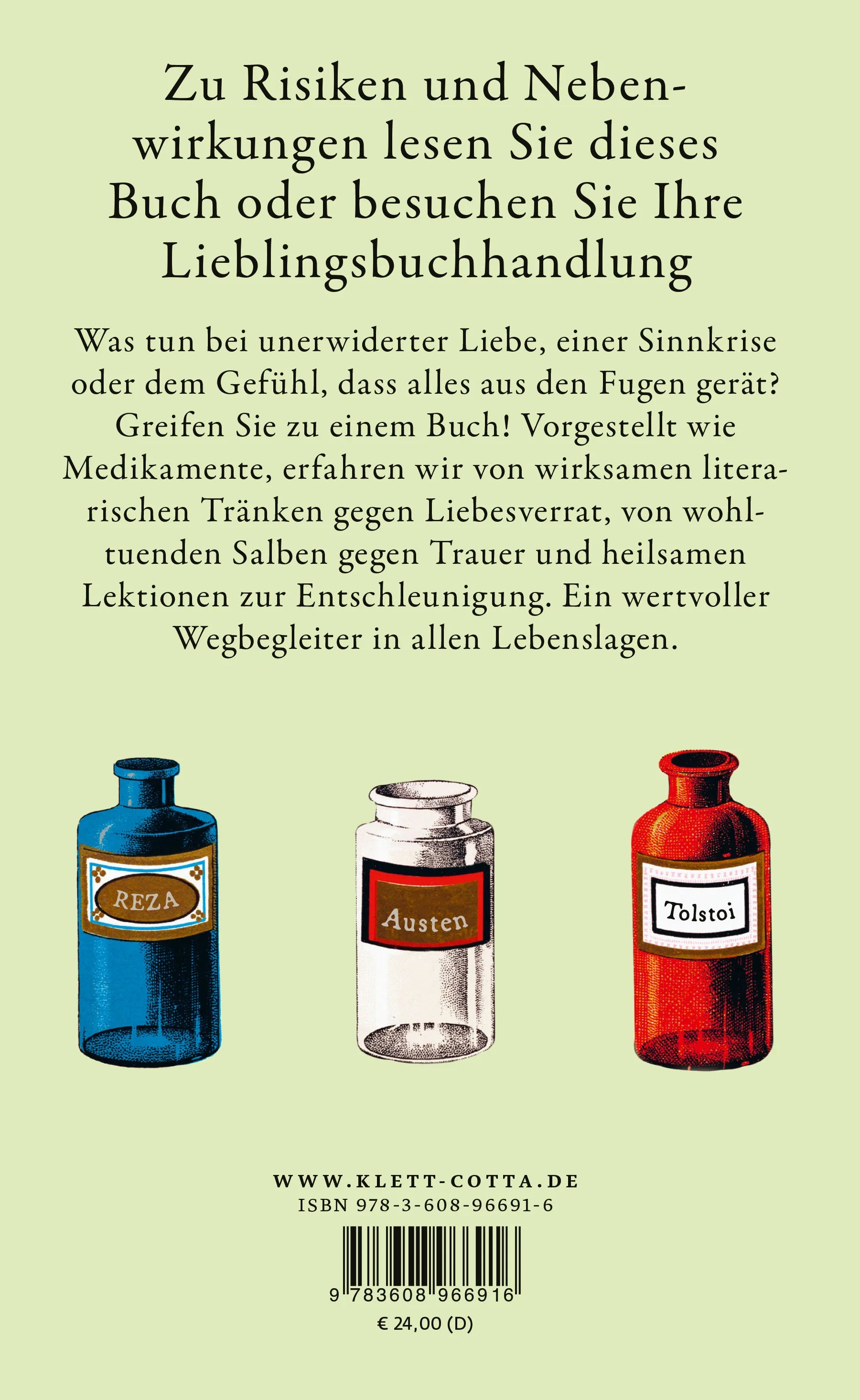 Buchrückseite von 'Die literarische Hausapotheke' mit Klappentext - Gebundene Ausgabe