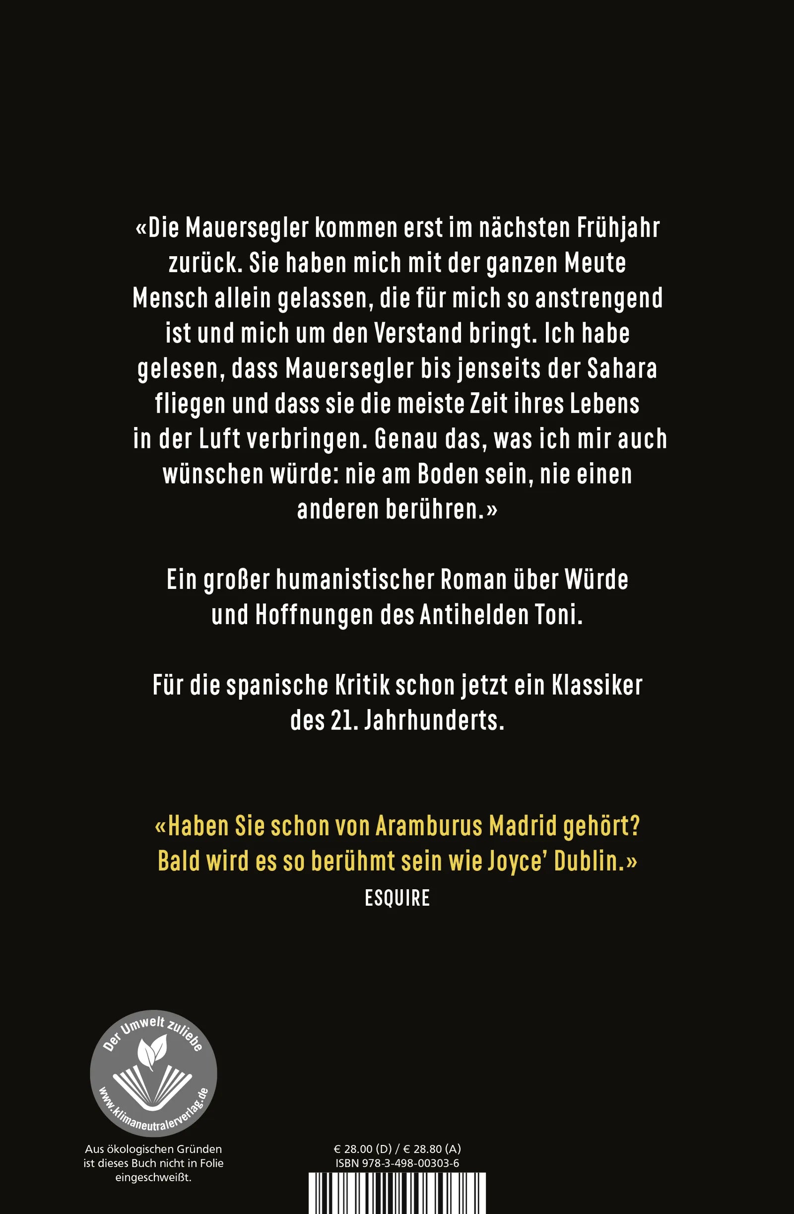 Buchrückseite von 'Die Mauersegler' mit Klappentext - Gebundene Ausgabe