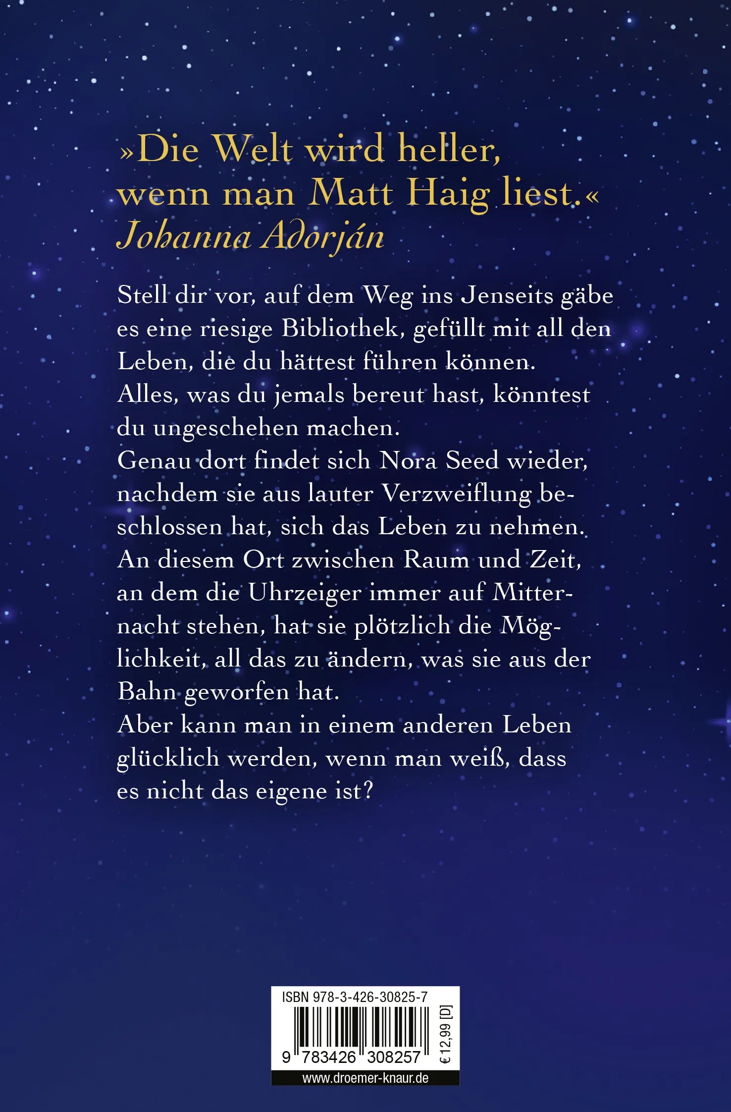 Buchrückseite von 'Die Mitternachtsbibliothek' mit Klappentext - Taschenbuch