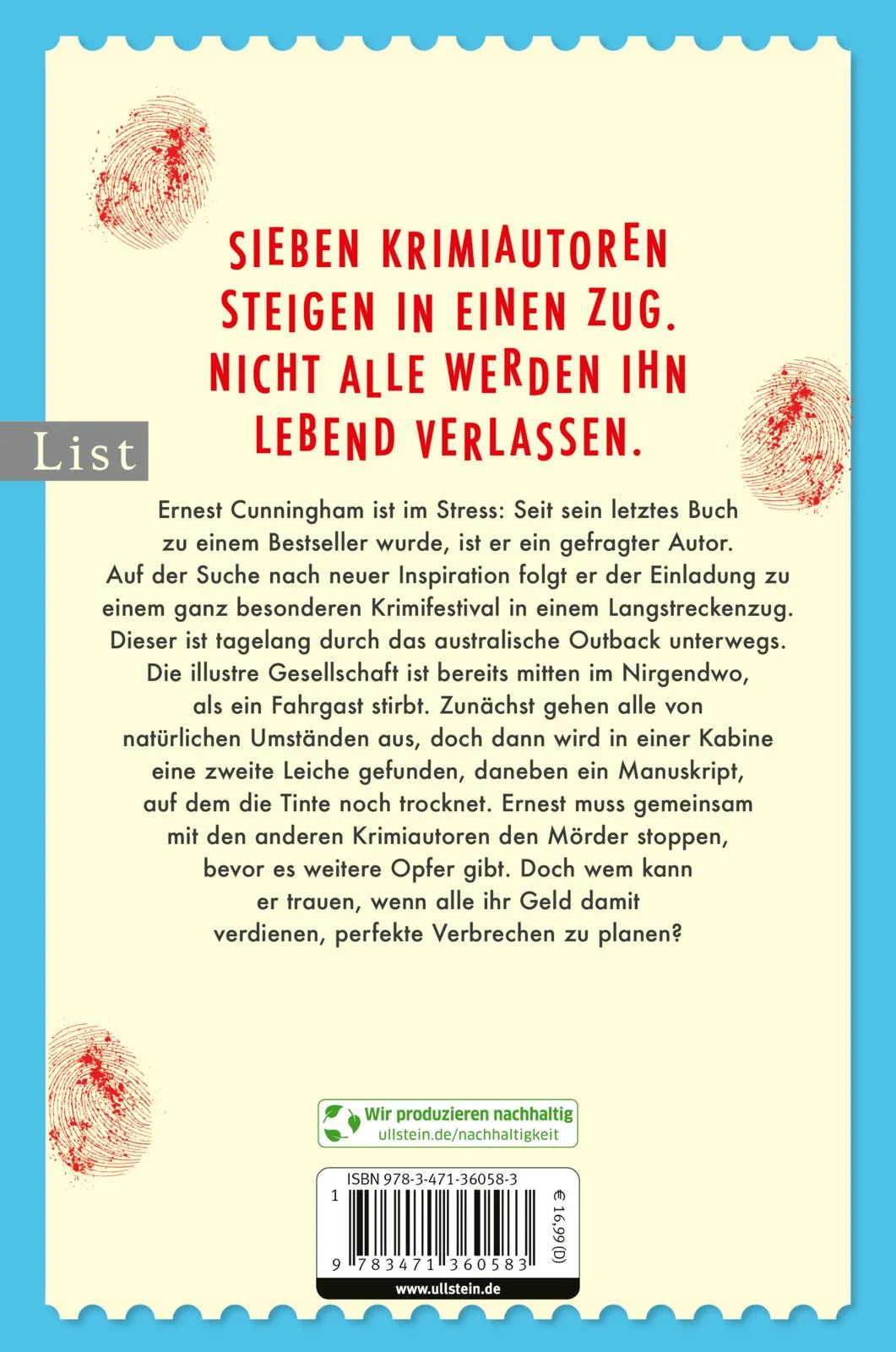 Buchrückseite von 'Die mörderischen Cunninghams. Jeder im Zug ist verdächtig' mit Klappentext - Paperback