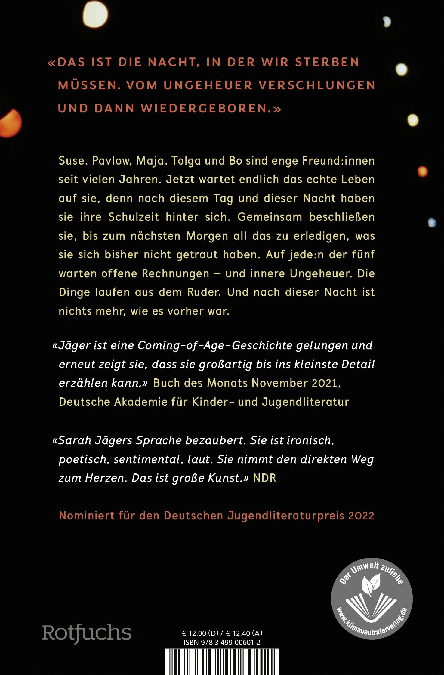 Buchrückseite von 'Die Nacht so groß wie wir' mit Klappentext - Taschenbuch