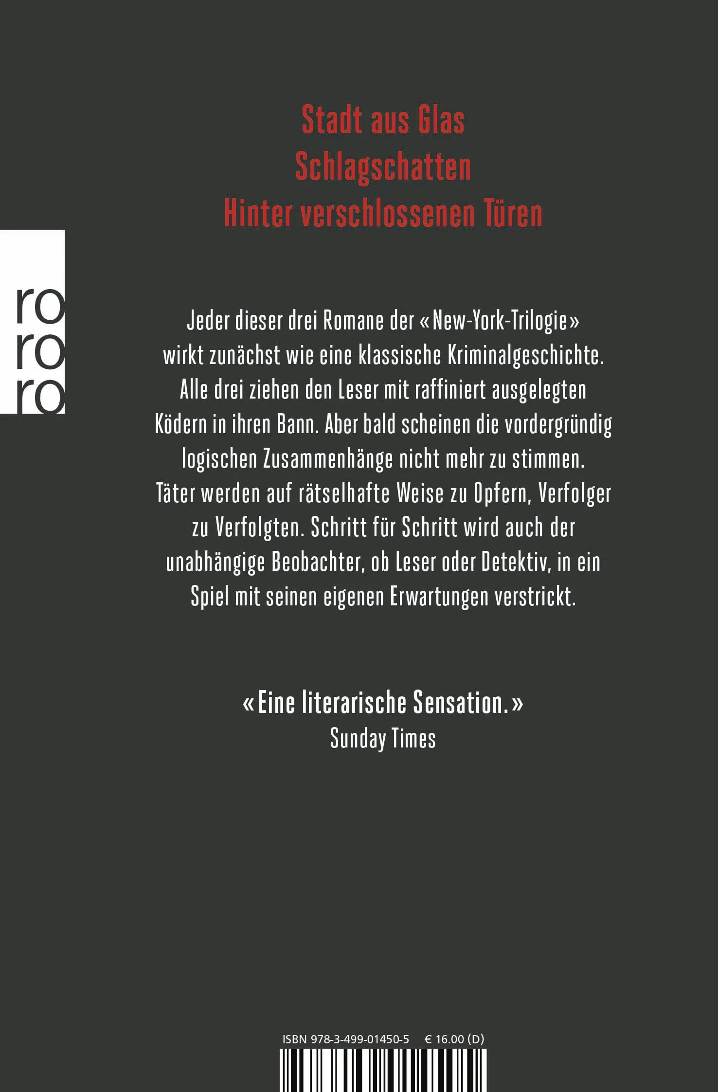 Buchrückseite von 'Die New-York-Trilogie' mit Klappentext - Taschenbuch