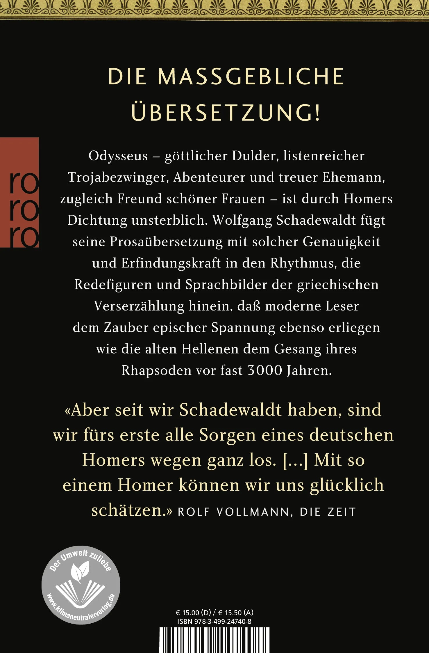 Buchrückseite von 'Die Odyssee' mit Klappentext - Taschenbuch