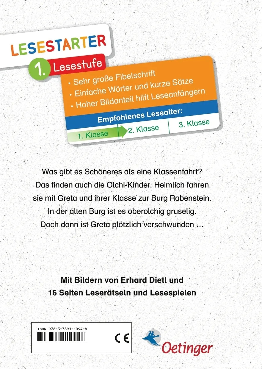 Buchrückseite von 'Die Olchis auf Klassenfahrt' mit Klappentext - Gebundene Ausgabe