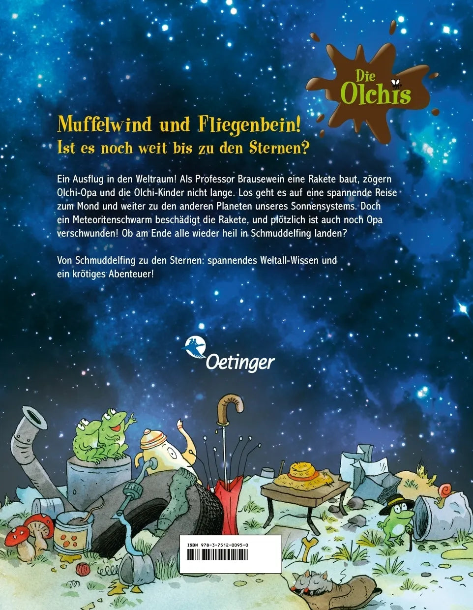 Buchrückseite von 'Die Olchis. Das große Weltraumabenteuer' mit Klappentext - Gebundene Ausgabe