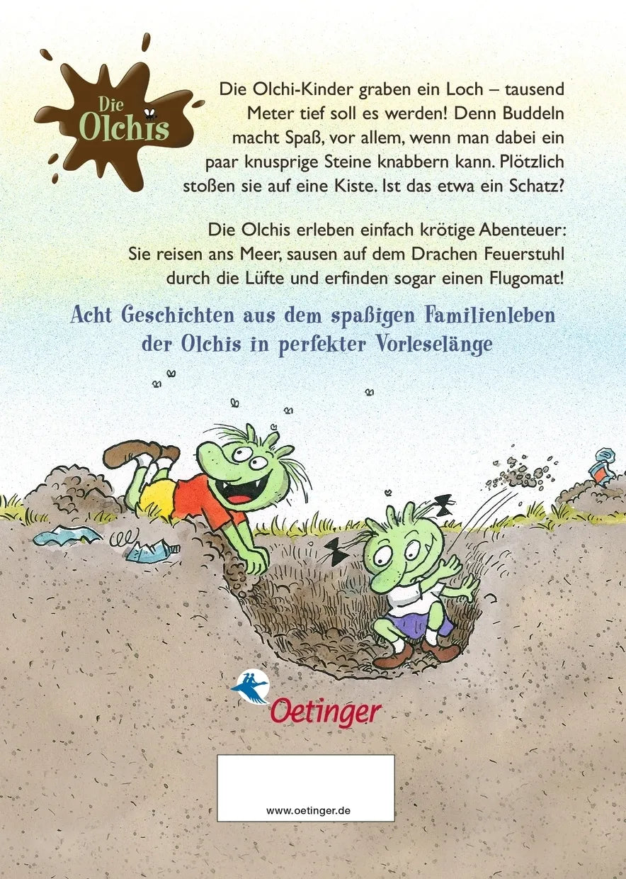Buchrückseite von 'Die Olchis finden einen Schatz und andere krötige Abenteuer' mit Klappentext - Gebundene Ausgabe