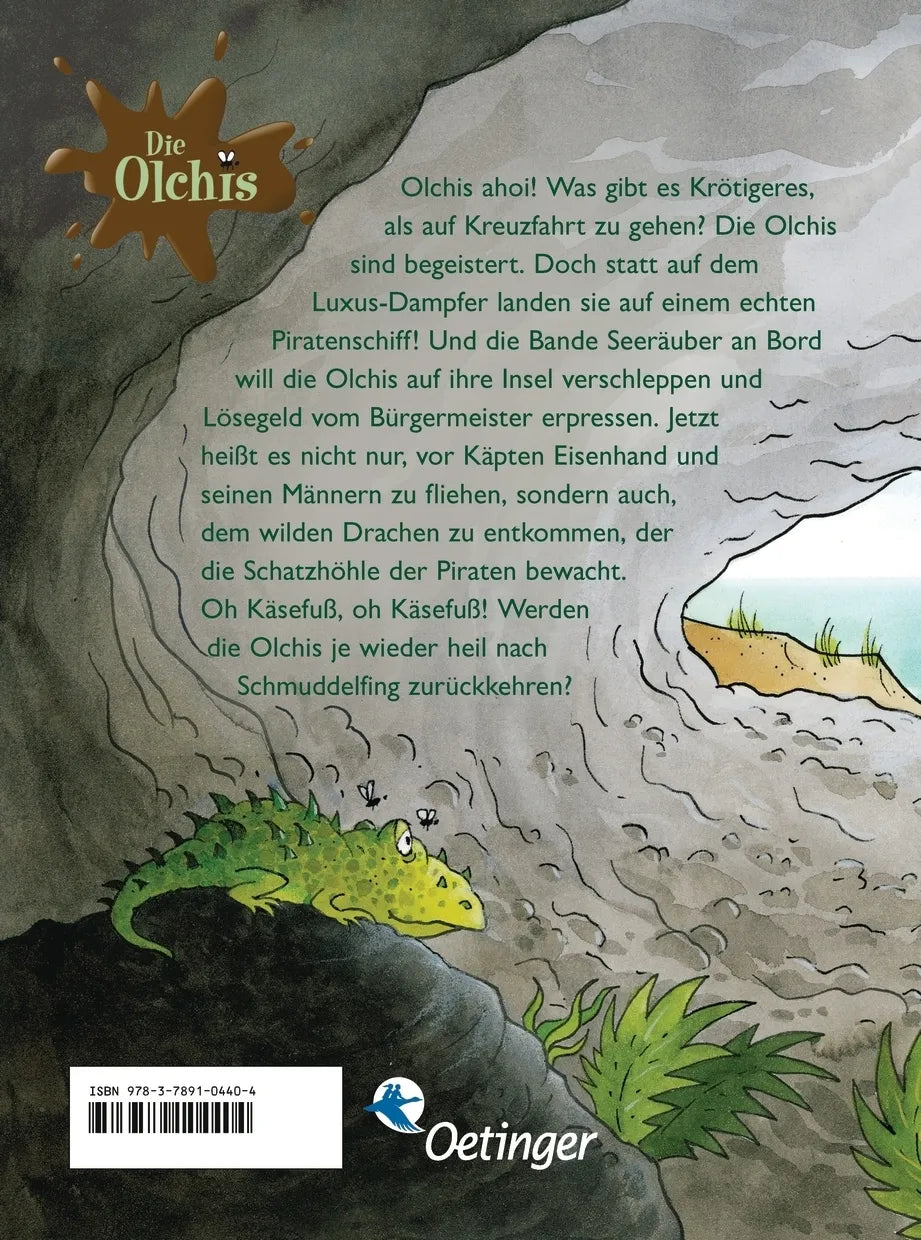 Buchrückseite von 'Die Olchis. Gefangen auf der Pirateninsel' mit Klappentext - Gebundene Ausgabe