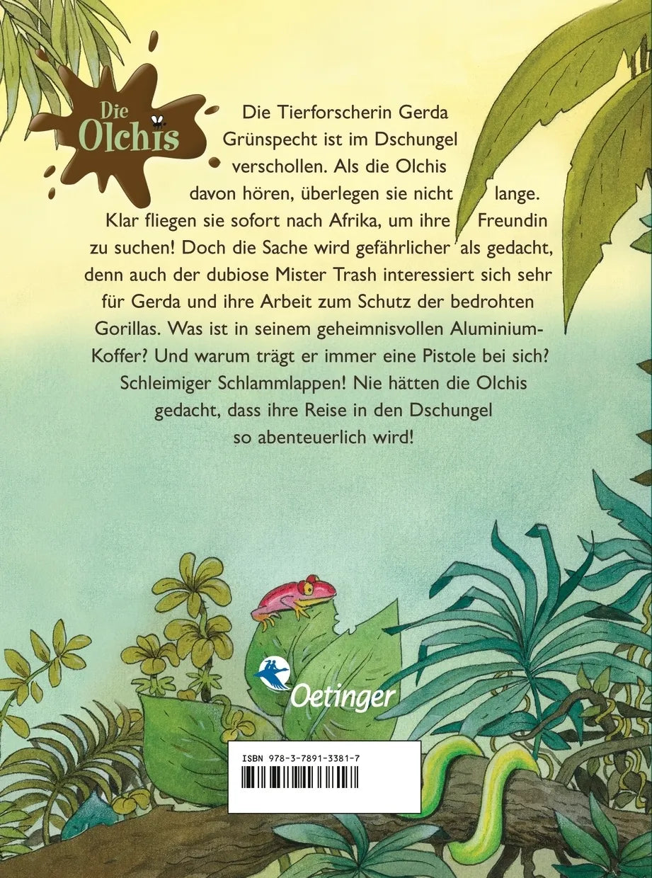 Buchrückseite von 'Die Olchis. Safari bei den Berggorillas' mit Klappentext - Gebundene Ausgabe