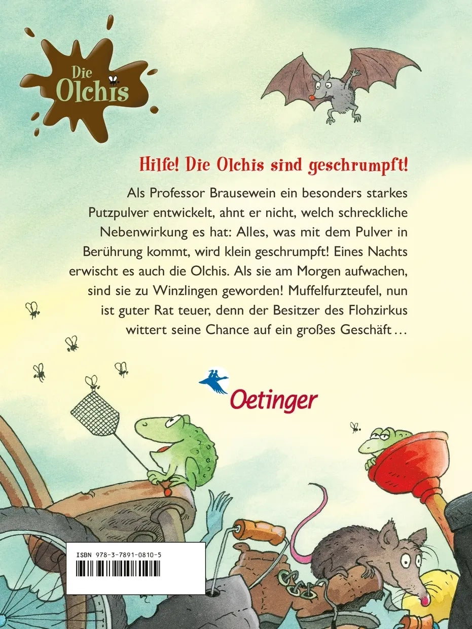 Buchrückseite von 'Die Olchis und das Schrumpfpulver' mit Klappentext - Gebundene Ausgabe