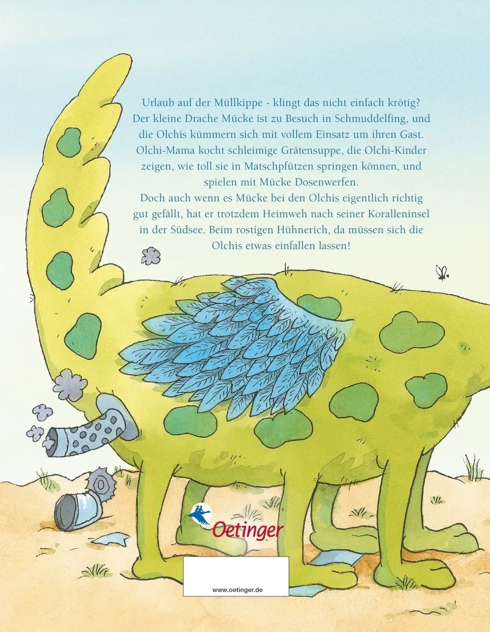 Buchrückseite von 'Die Olchis und der kleine Drache Mücke' mit Klappentext - Gebundene Ausgabe