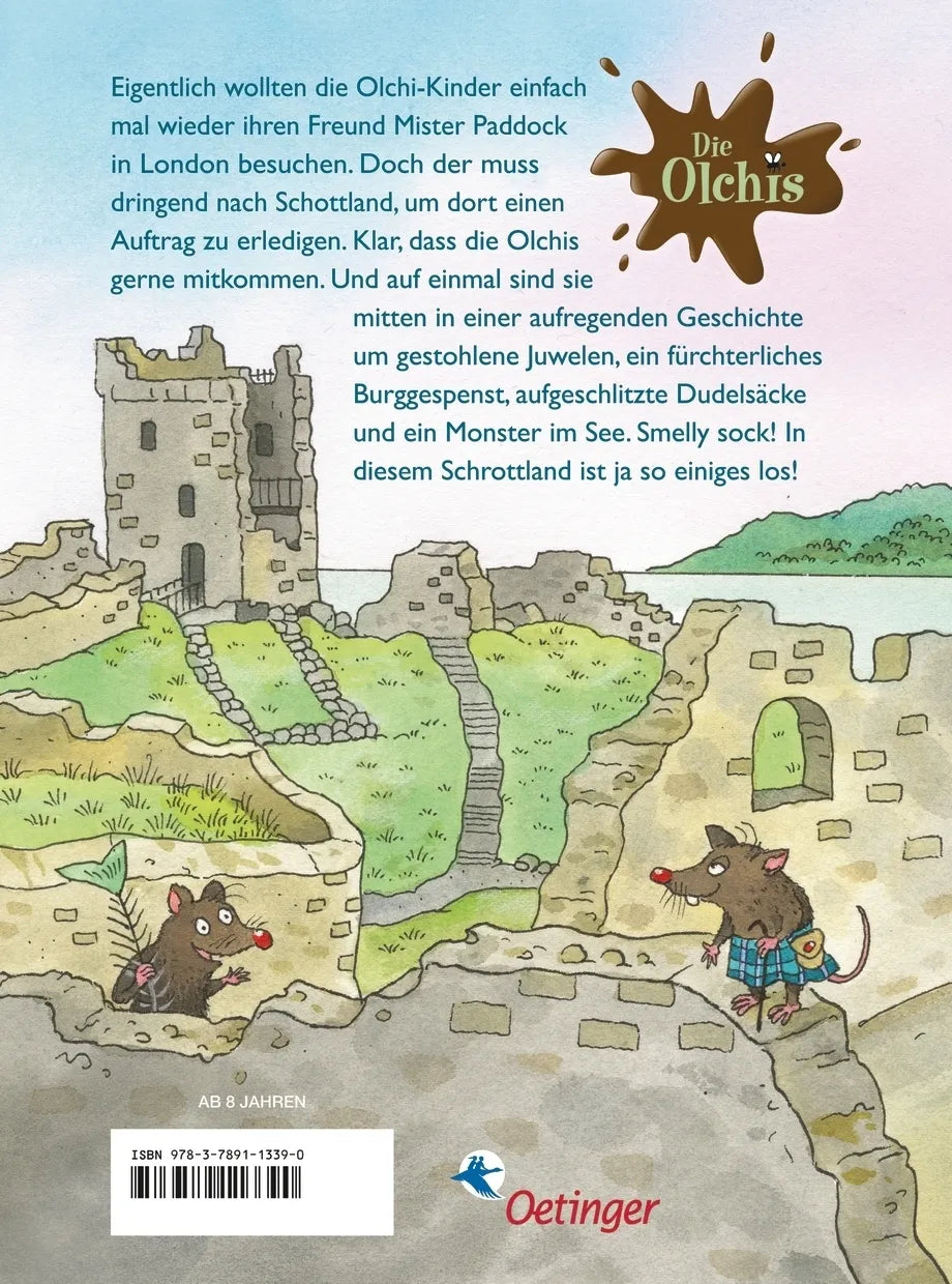 Buchrückseite von 'Die Olchis und die Gully-Detektive von Loch Ness' mit Klappentext - Gebundene Ausgabe