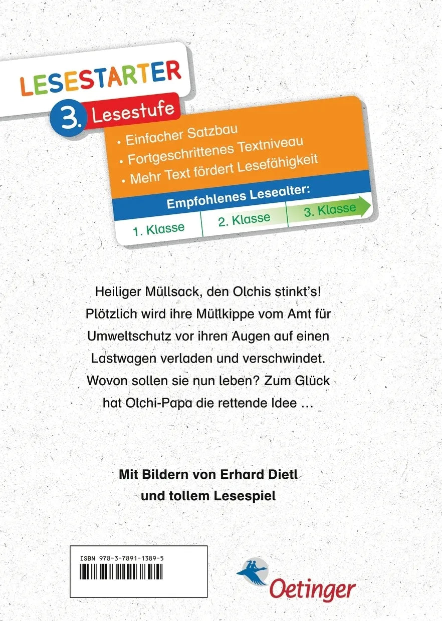 Buchrückseite von 'Die Olchis ziehen um' mit Klappentext - Gebundene Ausgabe