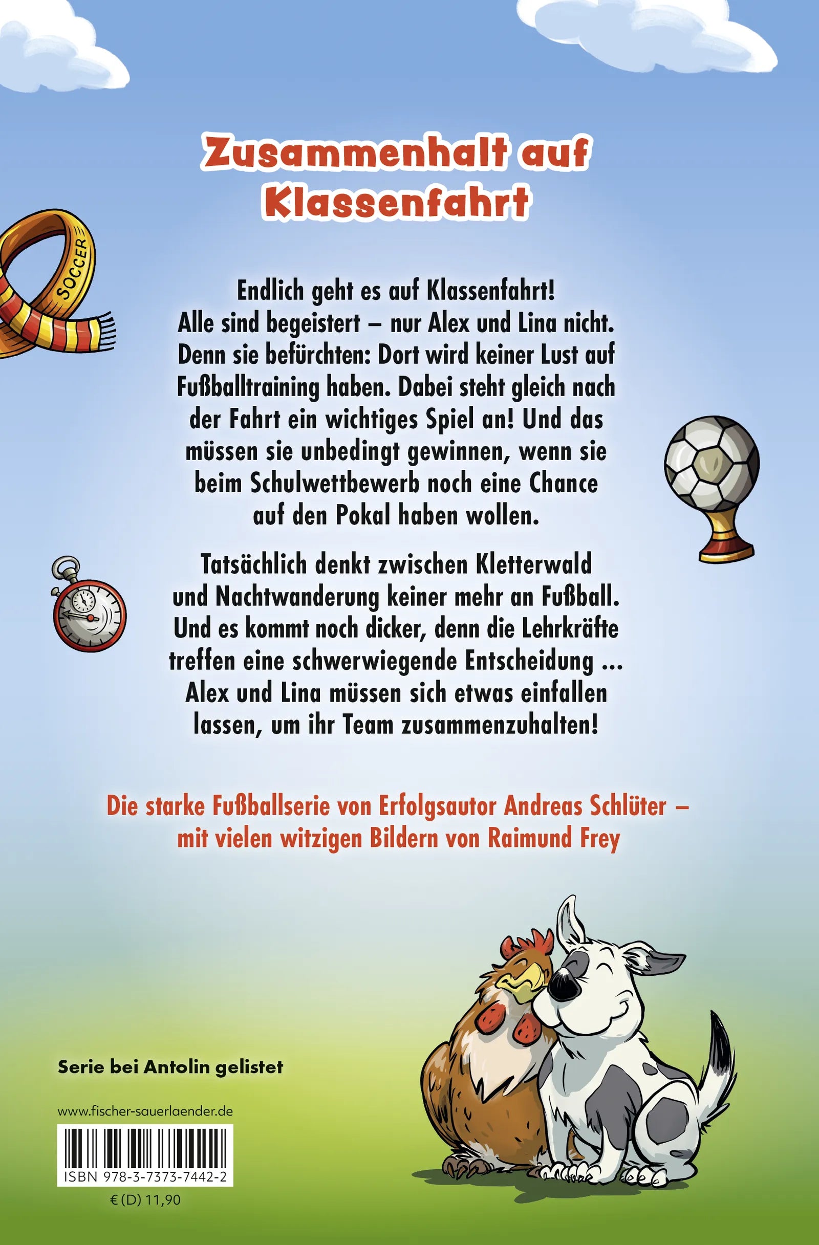 Buchrückseite von 'Die Pausenkicker – Abseits auf Klassenfahrt' mit Klappentext - Gebundene Ausgabe