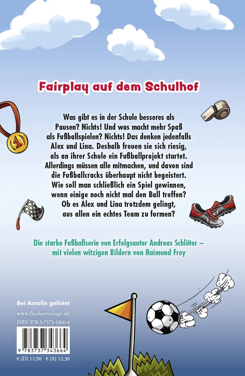 Buchrückseite von 'Die Pausenkicker – Anpfiff auf dem Schulhof' mit Klappentext - Gebundene Ausgabe