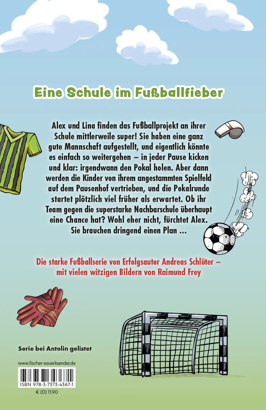 Buchrückseite von 'Die Pausenkicker – Elfmeter für die Nachbarschule' mit Klappentext - Gebundene Ausgabe
