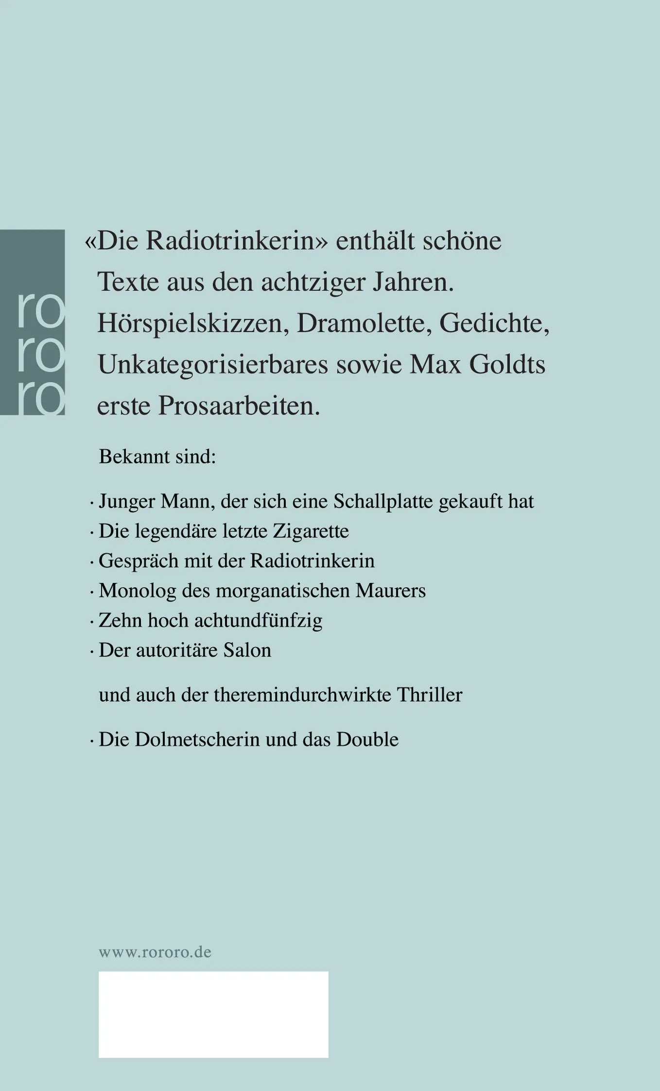 Buchrückseite von 'Die Radiotrinkerin' mit Klappentext - Taschenbuch