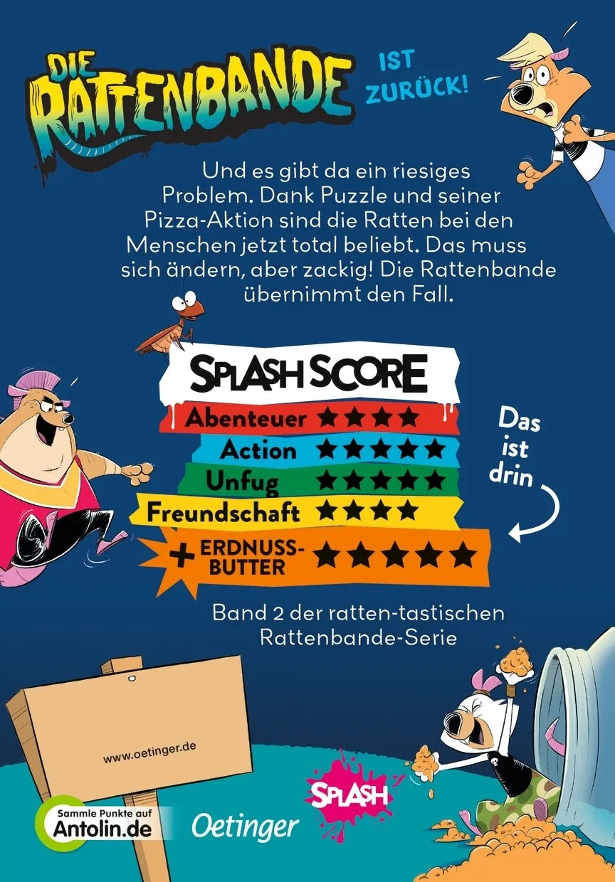 Buchrückseite von 'Die Rattenbande 2. Unfug um Mitternacht' mit Klappentext - Gebundene Ausgabe