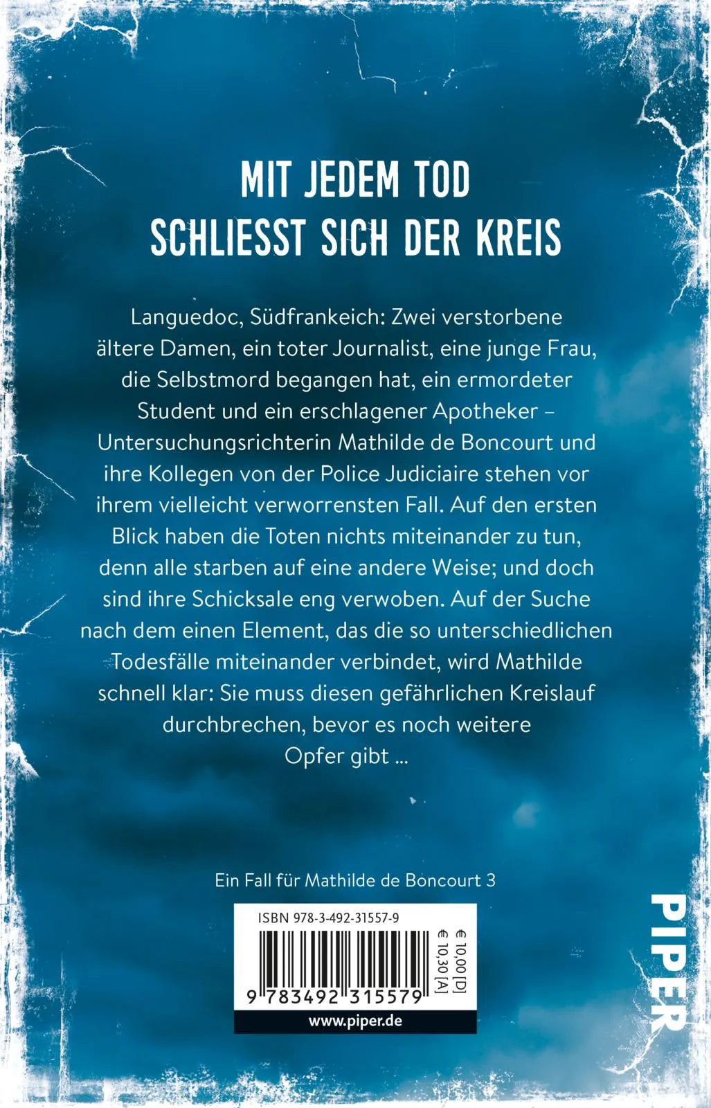 Buchrückseite von 'Die Richterin und der Kreis der Toten' mit Klappentext - Taschenbuch