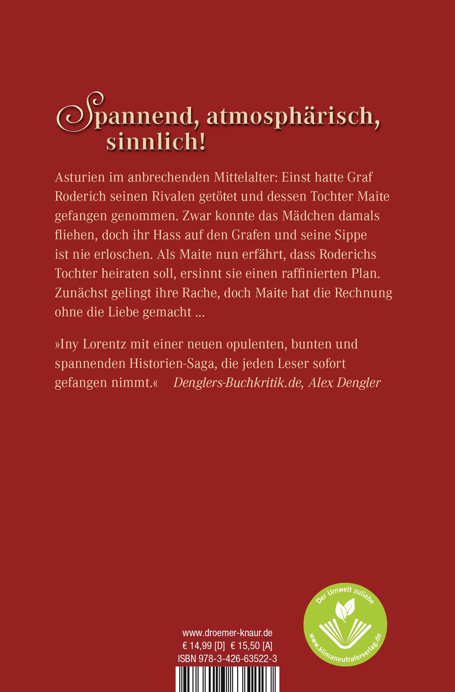 Buchrückseite von 'Die Rose von Asturien' mit Klappentext - Taschenbuch