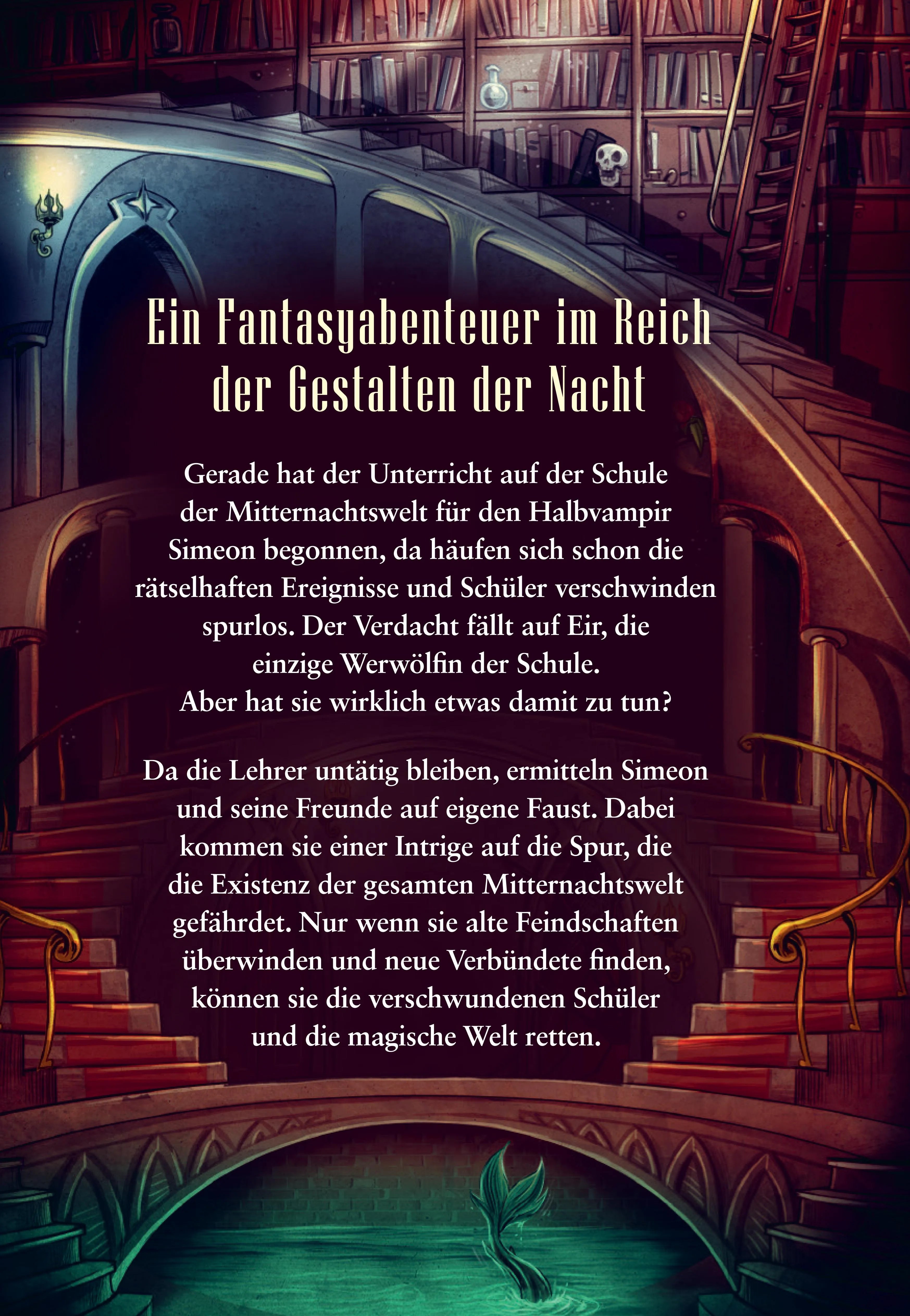 Buchrückseite von 'Die Schule der Mitternachtswelt 1' mit Klappentext - Gebundene Ausgabe