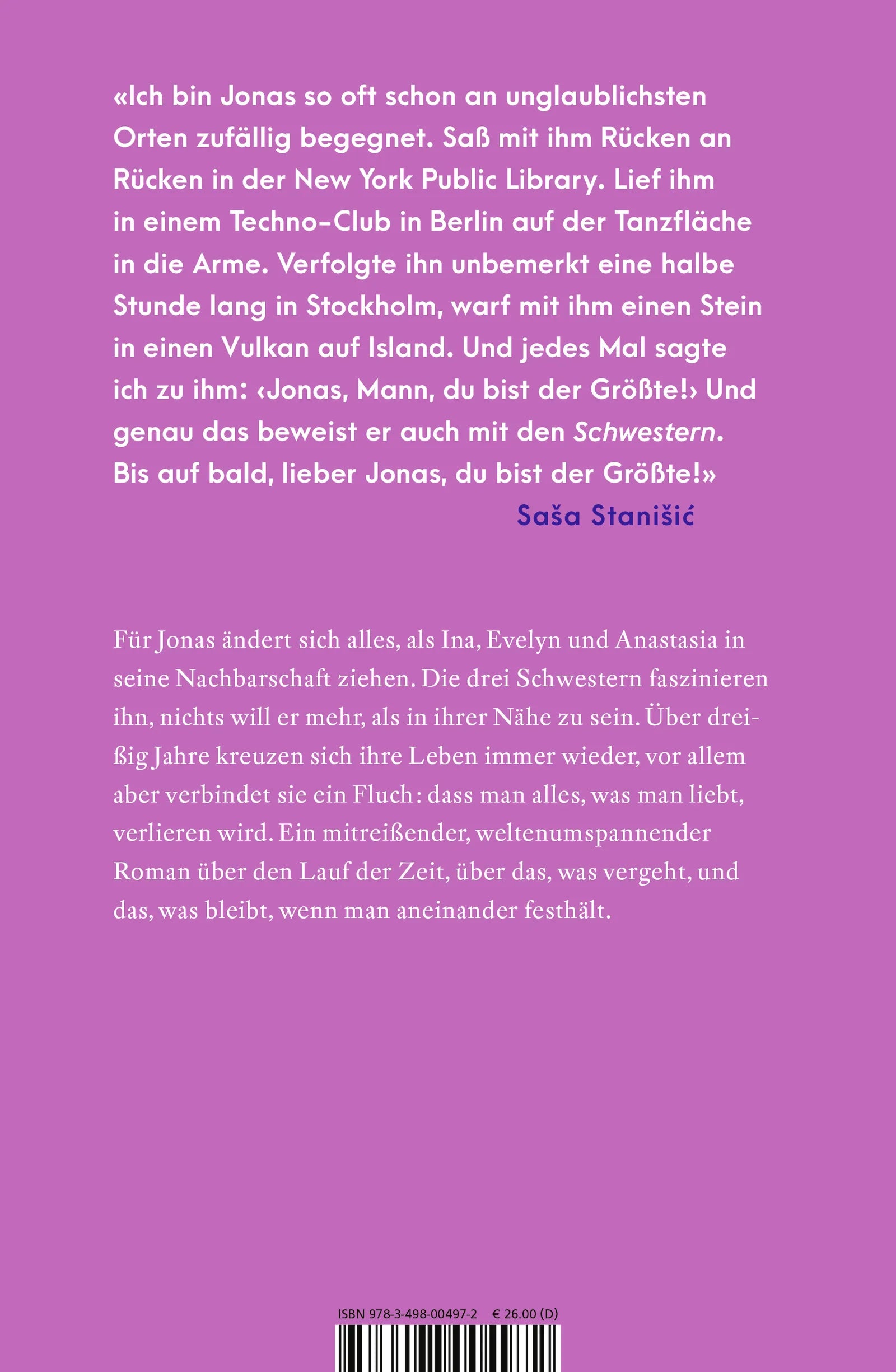 Buchrückseite von 'Die Schwestern' mit Klappentext - Gebundene Ausgabe