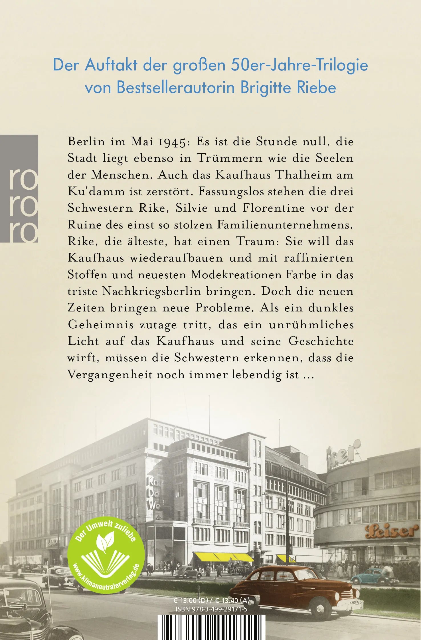 Buchrückseite von 'Die Schwestern vom Ku'damm: Jahre des Aufbaus' mit Klappentext - Taschenbuch