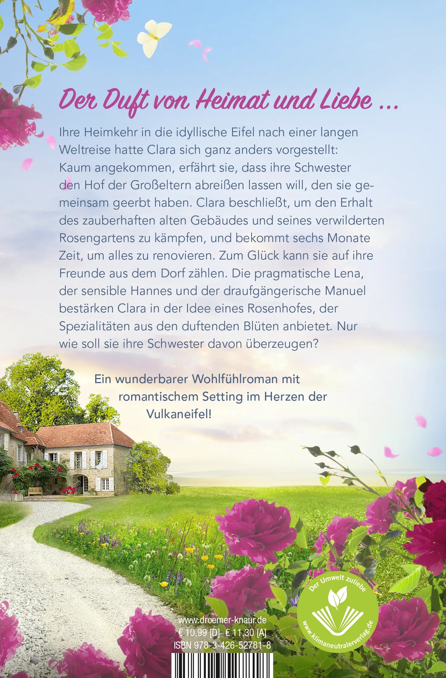 Buchrückseite von 'Die Schwestern vom Rosenhof. Claras Traum' mit Klappentext - Taschenbuch