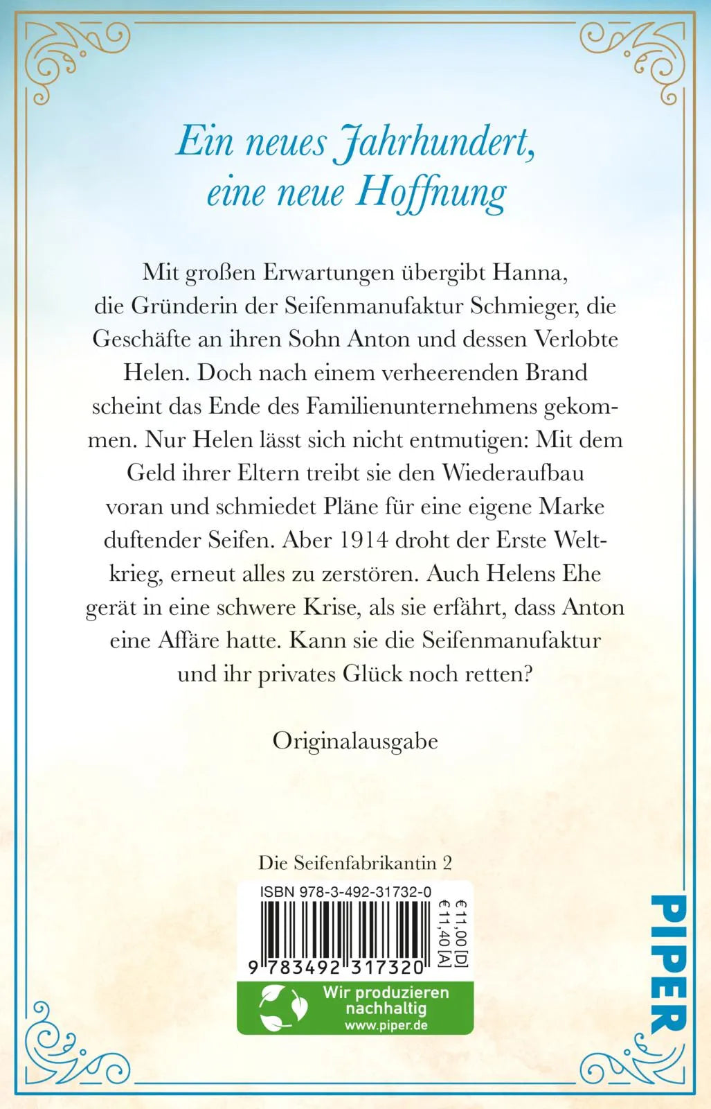 Buchrückseite von 'Die Seifenmanufaktur – Der Duft des Neubeginns' mit Klappentext - Taschenbuch