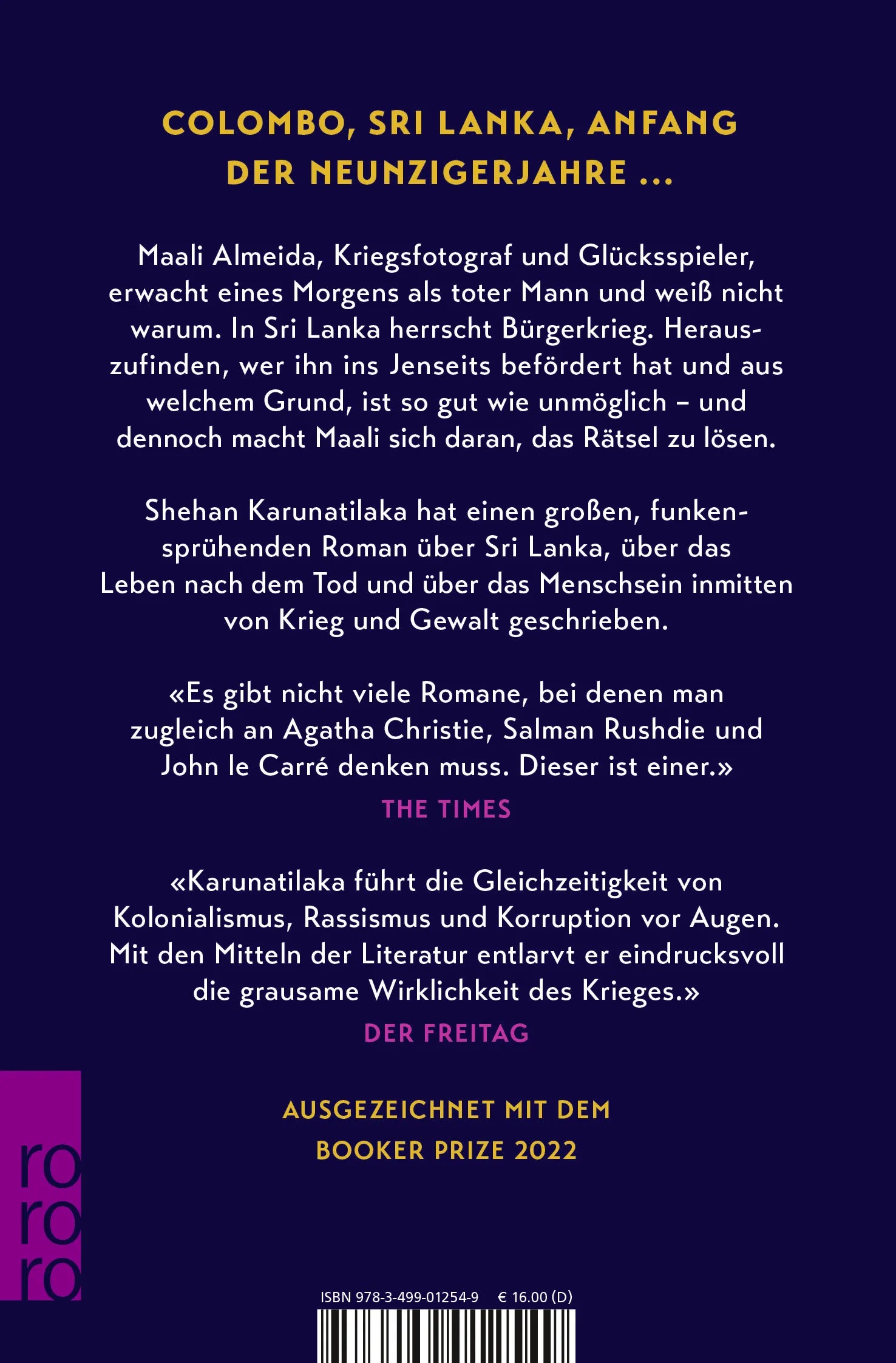 Buchrückseite von 'Die sieben Monde des Maali Almeida' mit Klappentext - Taschenbuch