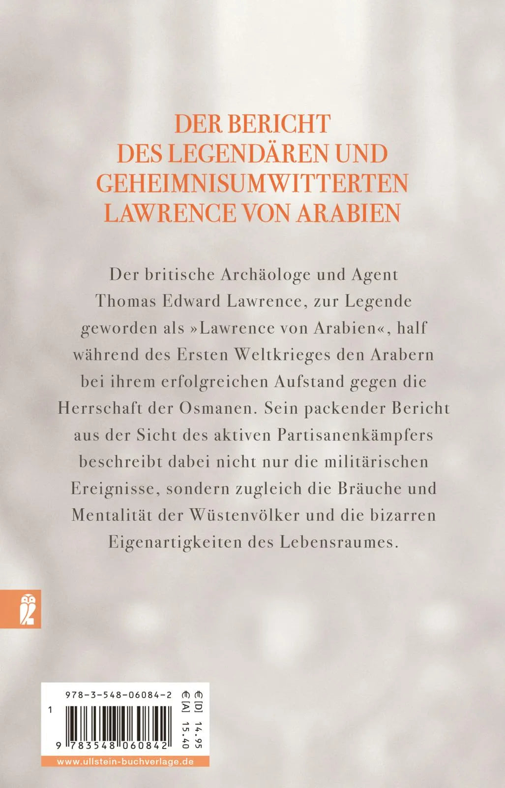 Buchrückseite von 'Die sieben Säulen der Weisheit' mit Klappentext - Taschenbuch
