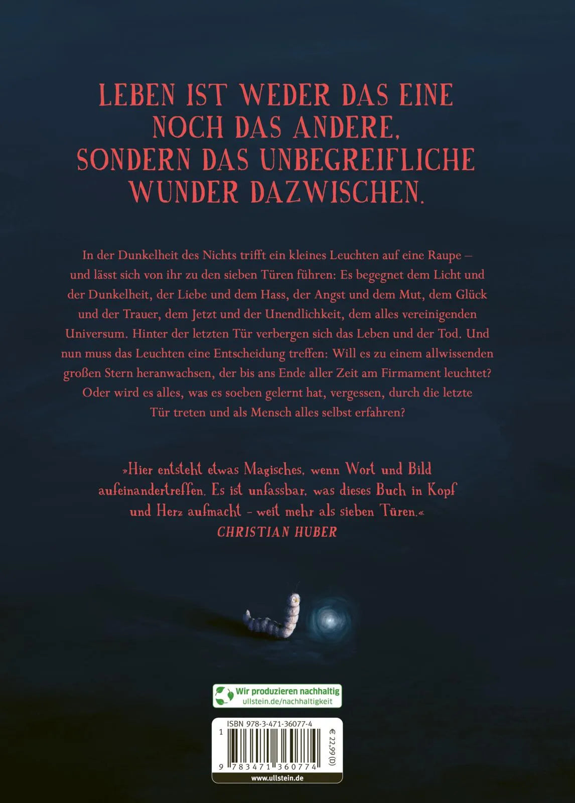 Buchrückseite von 'Die sieben Türen' mit Klappentext - Gebundene Ausgabe