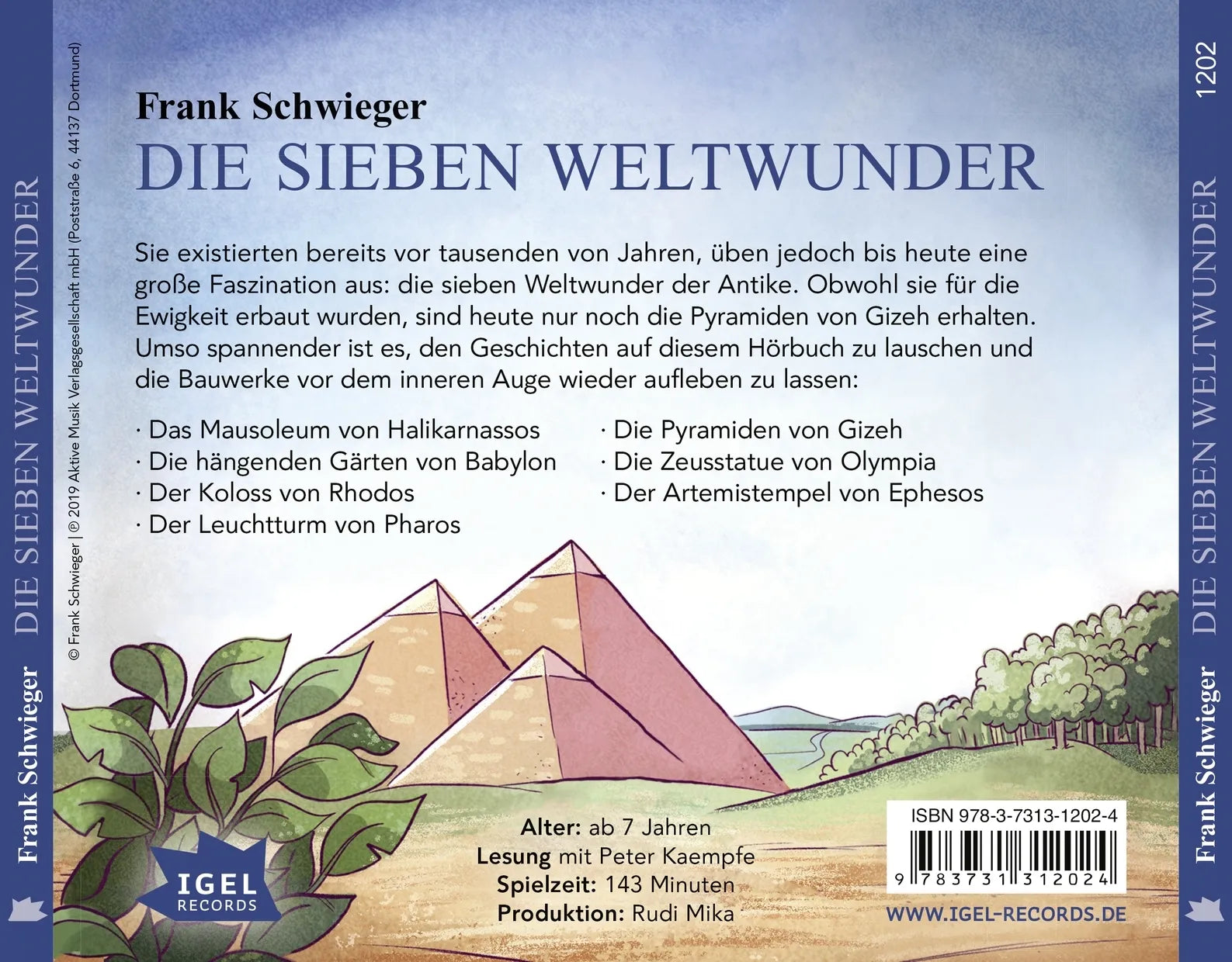 Buchrückseite von 'Die sieben Weltwunder' mit Klappentext - Hörbuch (CD)