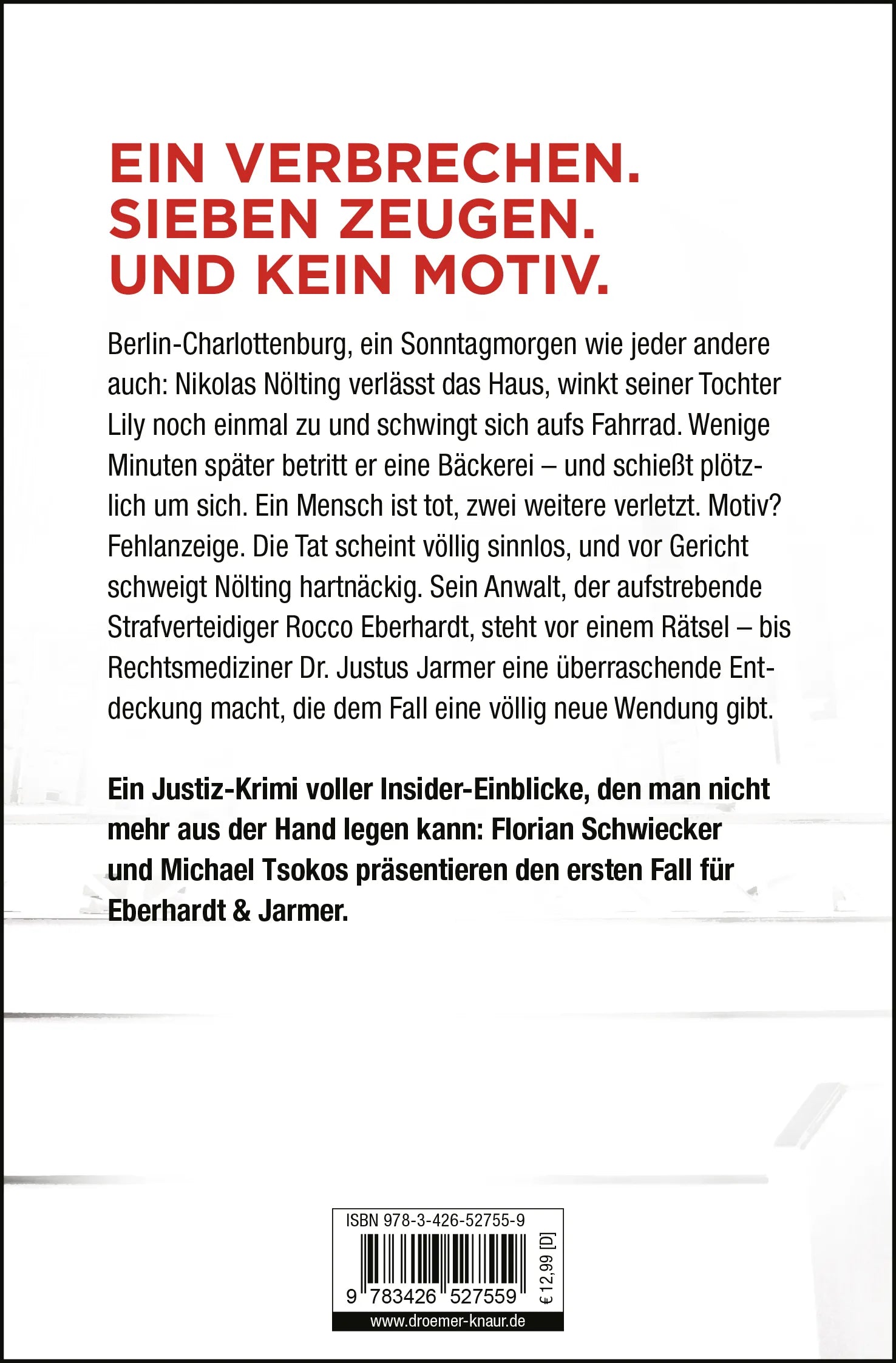 Buchrückseite von 'Die siebte Zeugin' mit Klappentext - Taschenbuch