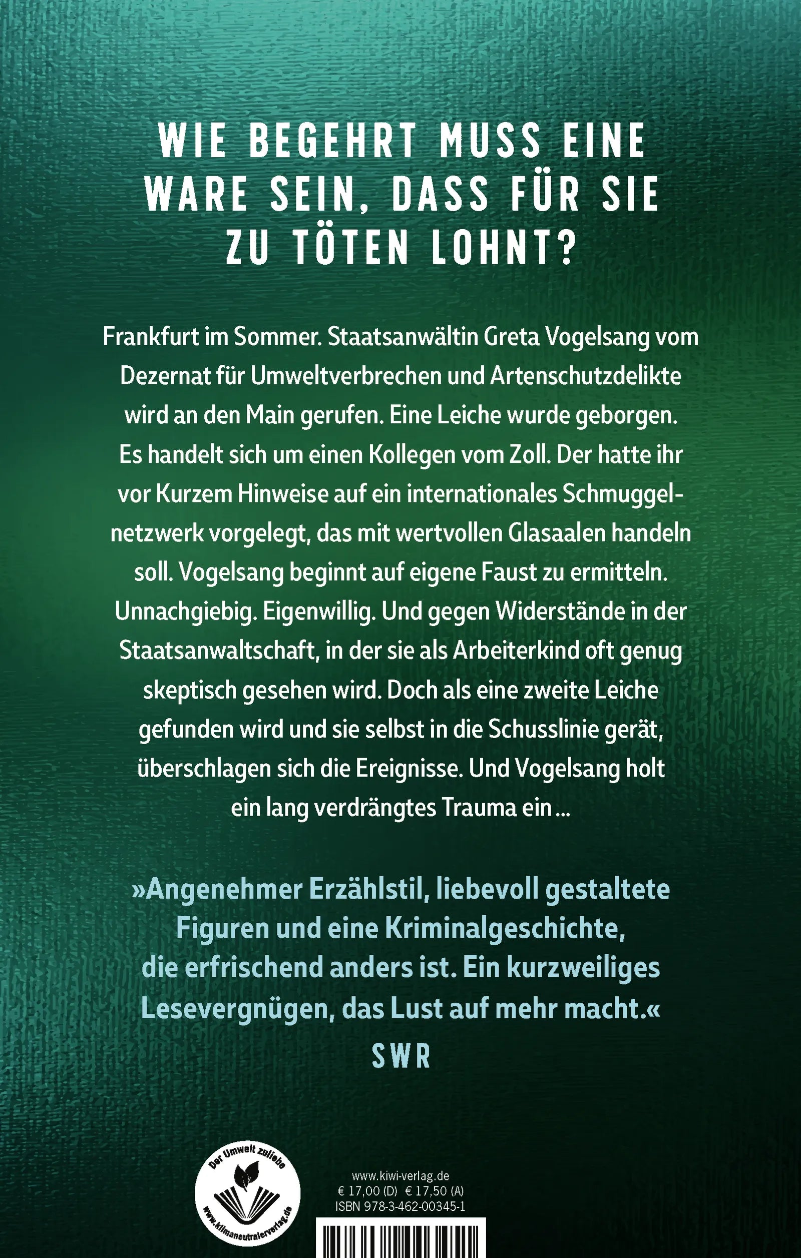 Buchrückseite von 'Die Spur der Aale' mit Klappentext - Paperback
