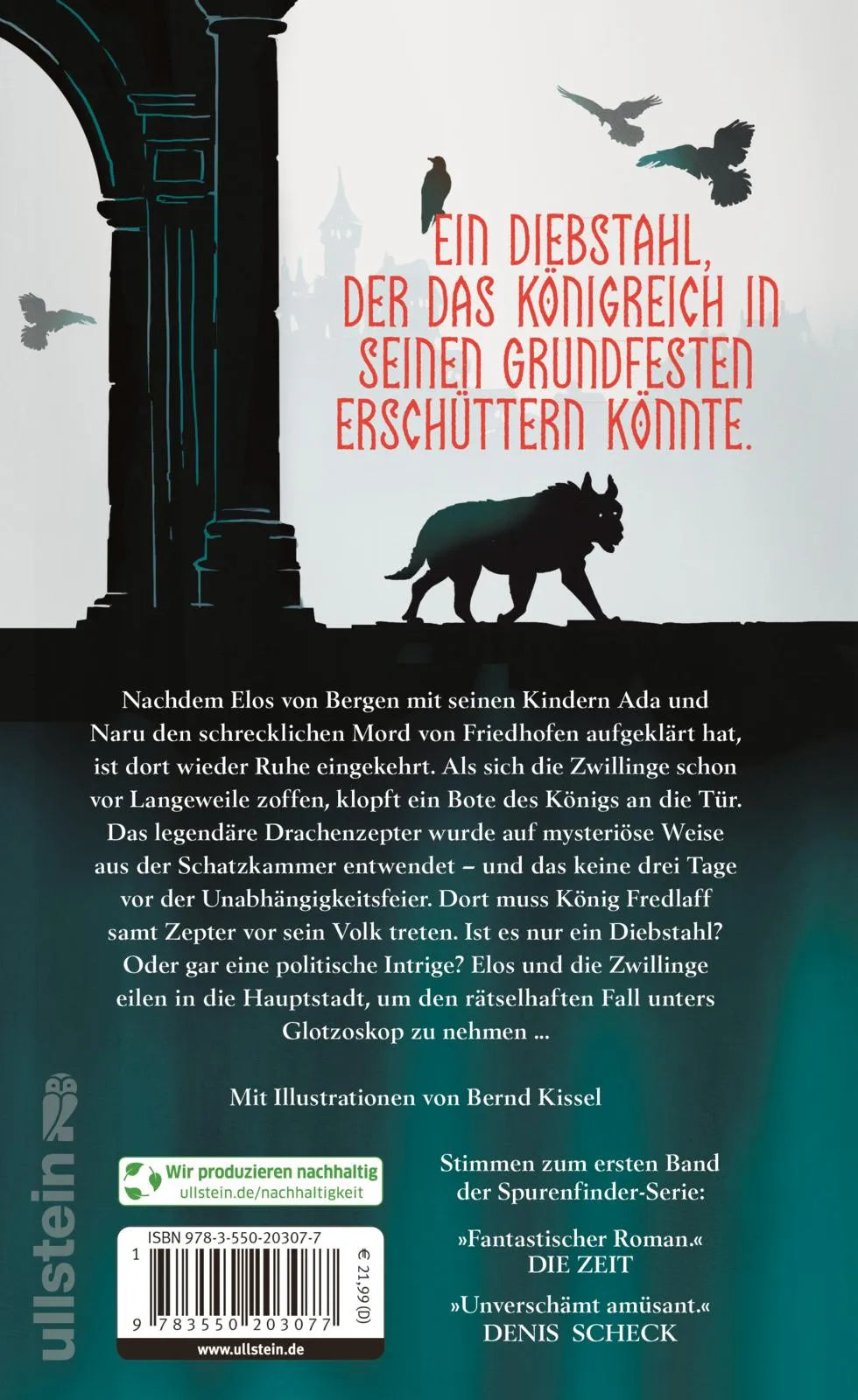 Buchrückseite von 'Die Spurenfinder und das Drachenzepter' mit Klappentext - Gebundene Ausgabe
