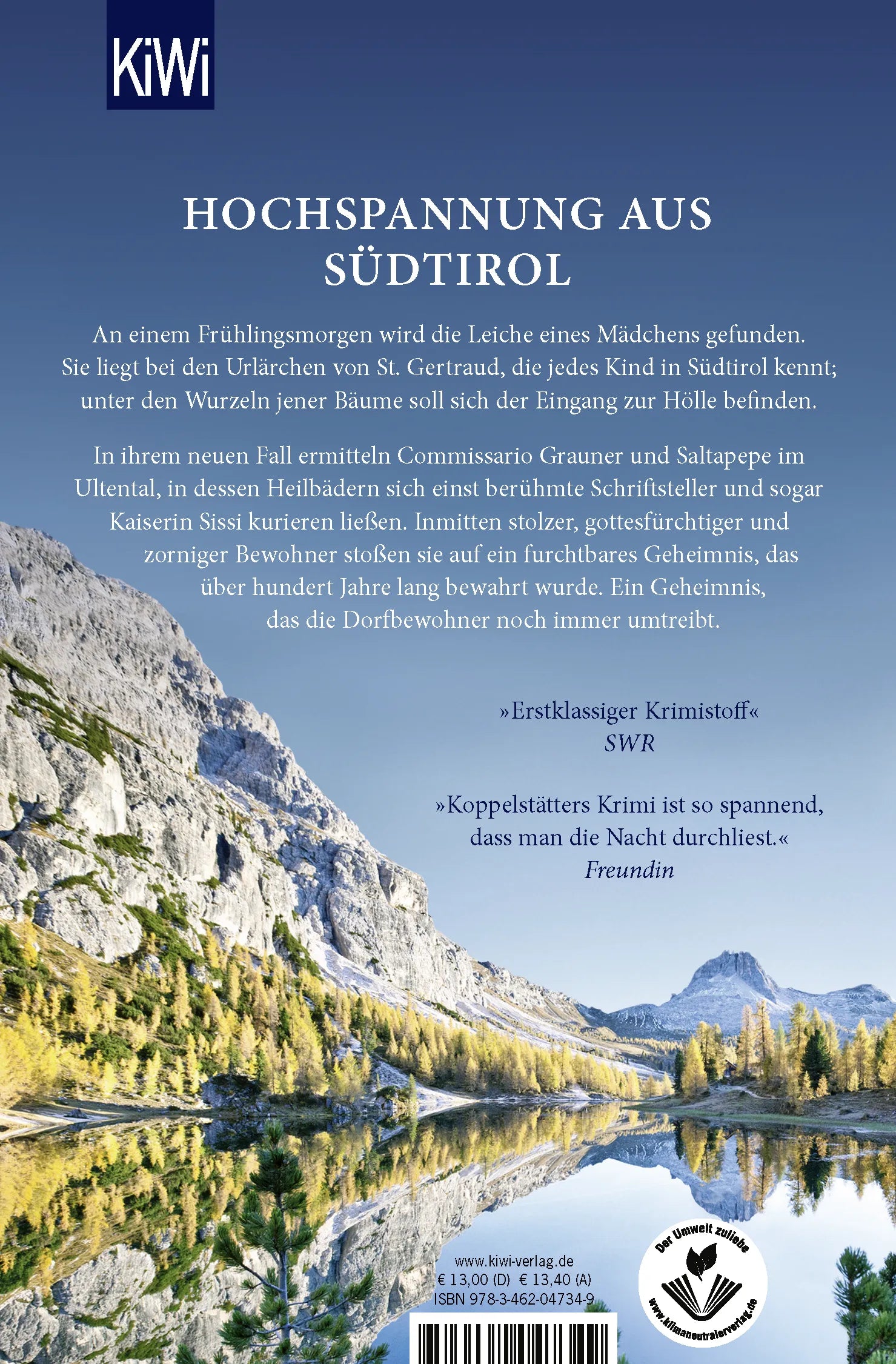 Buchrückseite von 'Die Stille der Lärchen' mit Klappentext - Taschenbuch