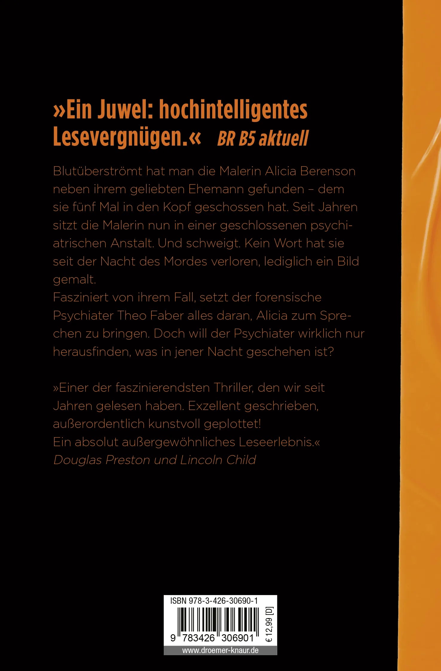 Buchrückseite von 'Die stumme Patientin' mit Klappentext - Taschenbuch