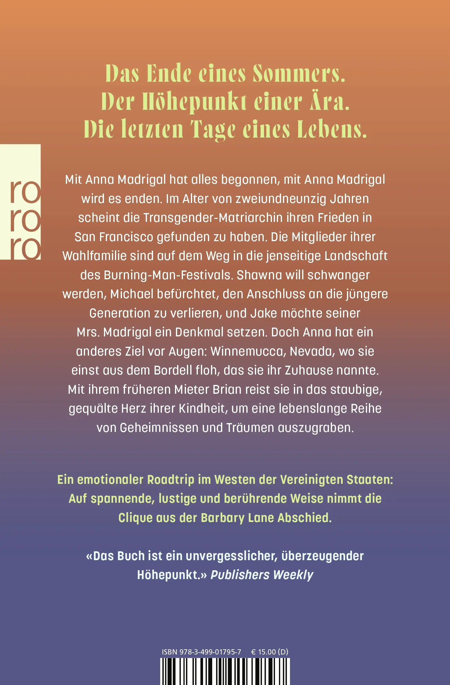 Buchrückseite von 'Die Tage der Anna Madrigal' mit Klappentext - Taschenbuch