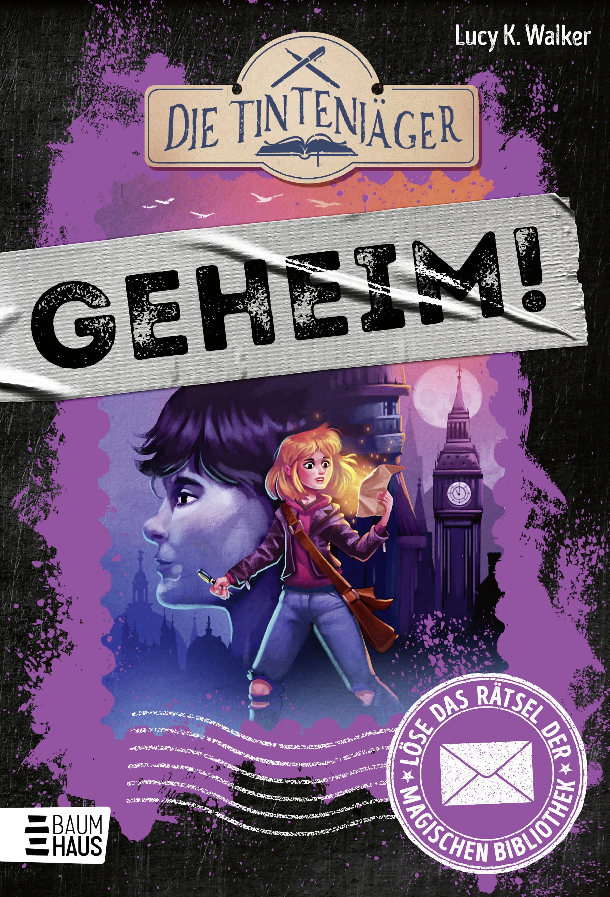 Buchcover von 'Die Tintenjäger: Löse das Rätsel der magischen Bibliothek' - Gebundene Ausgabe von Lucy K. Walker