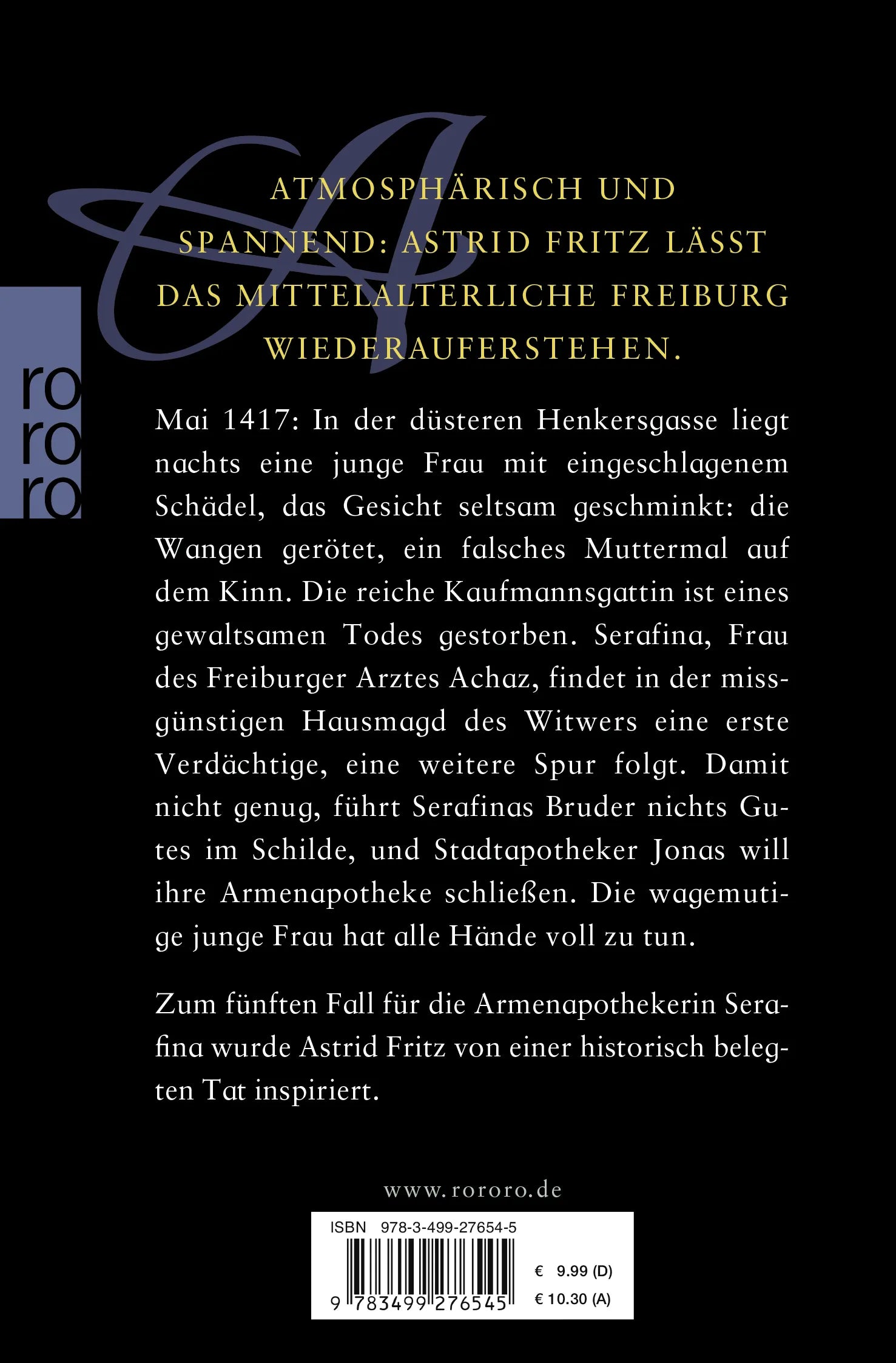 Buchrückseite von 'Die Tote in der Henkersgasse' mit Klappentext - Taschenbuch