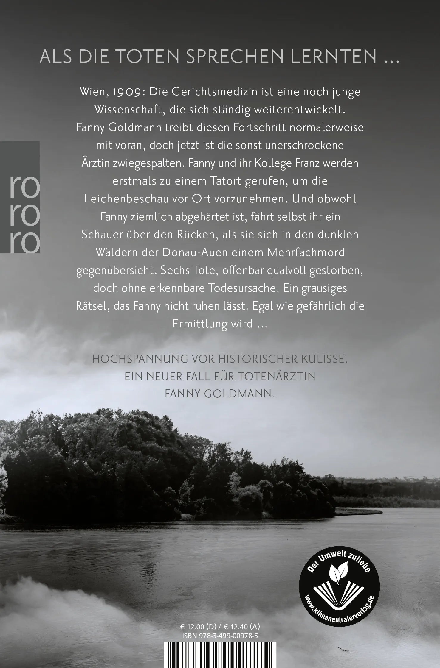 Buchrückseite von 'Die Totenärztin: Donaunebel' mit Klappentext - Taschenbuch